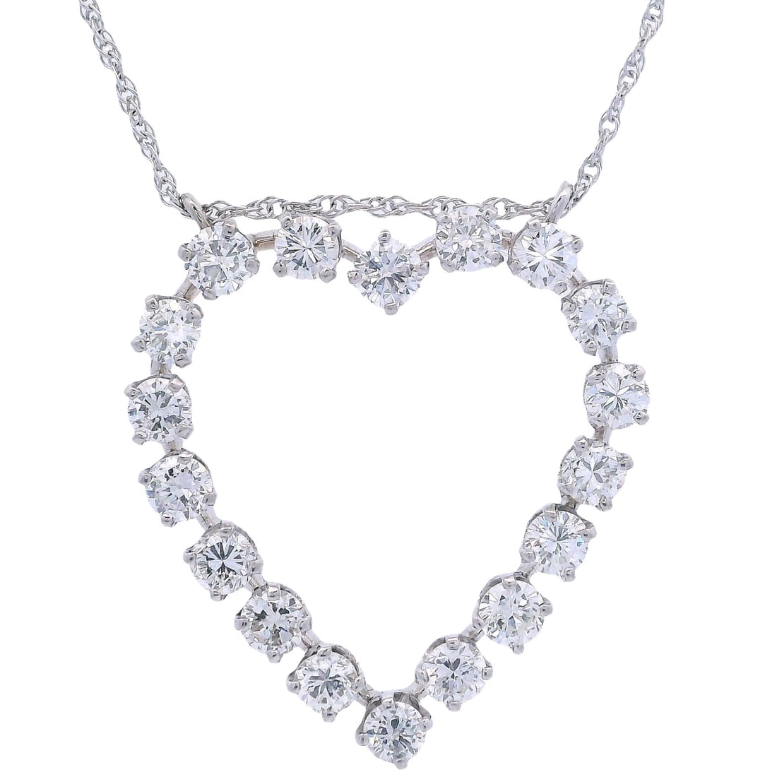 14kt white Gold Herat Pendant Necklace with 2.05 CTS in Diamonds: 14kt white Gold Heart Pendant Necklace Accented with 18 Round cut Diamonds weighing together Approx. 2.05 carats. J-K color, VS1-2 clarity. Pendant measurements: 1.0 x0.95 inches. Chain length: 16 inc