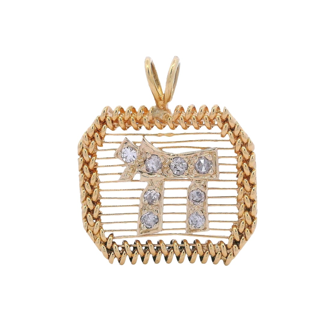 Vintage 18kt yellow Gold Chai Pendant with Diamonds: Vintage 18kt yellow Gold Chai Pendant with eight Single cut Diamonds weighing together Approx. 0.16 carats. H clarity, VS2 clarity. Pendant Measurements: 0.87 x 0.74 inches. Total weight: 3.35 grams.