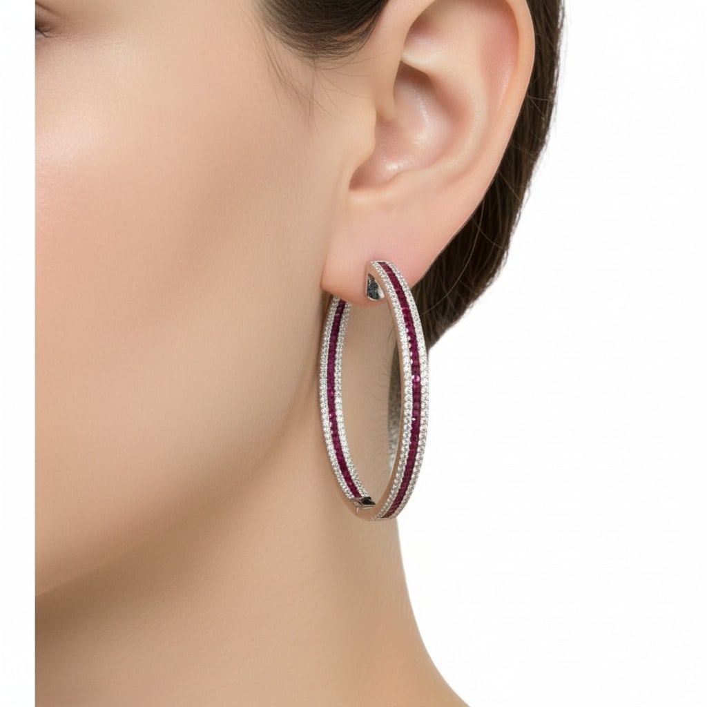 18K White Gold Ruby & Diamond Inside Outside Hoop Earrings: 18K white gold inside-out hoop earrings set with 440 diamonds totaling 2.69 carats (F–G color, VVS–VS clarity) and 182 rubies totaling 4.76 carats, delivering vivid color and continuous sparkle fr