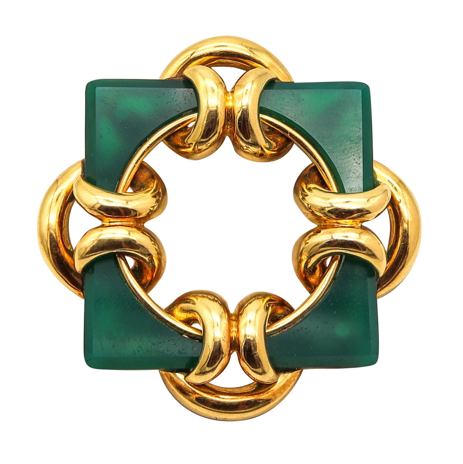 TIFFANY & CO. 1965 Aldo Cipullo Geometric Pendant Brooch In 18Kt Gold Chrysoprase: A very rare Aldo Cipullo convertible pendant-brooch, created in New York City (circa 1965–1970) and crafted in solid 18k yellow gold with a high-polished finish and crisp geometric patterning. The d