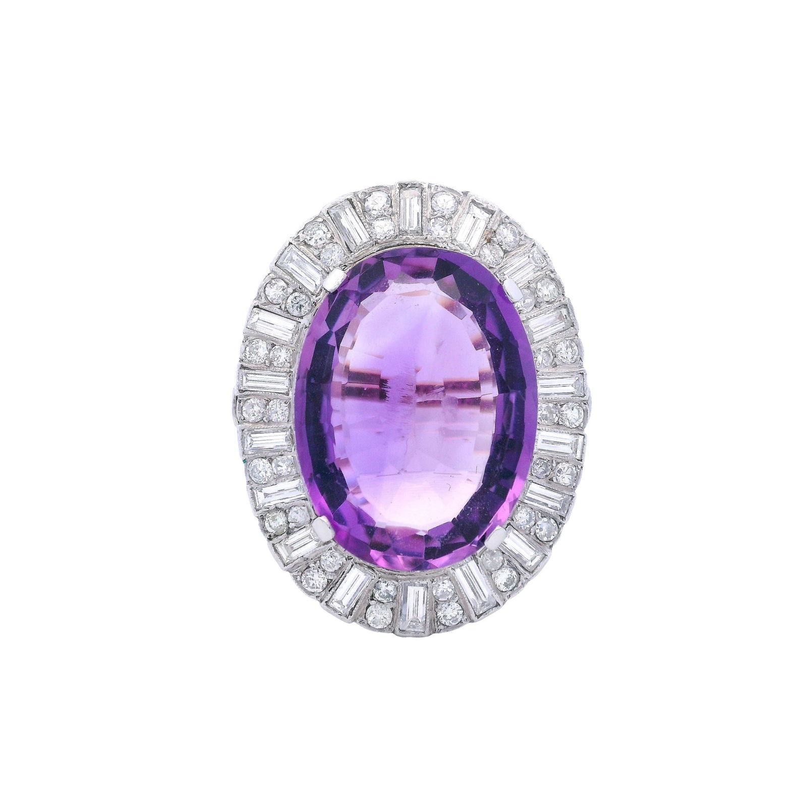 Antique Platinum Cocktail Ring with 25.20 CTW in Amethyst & Diamonds: Antique platinum cocktail ring showcasing a striking oval-cut amethyst of approximately 21.0 carats at its center, surrounded by eighteen baguette-cut diamonds totaling around 1.80 carats (F-G color,