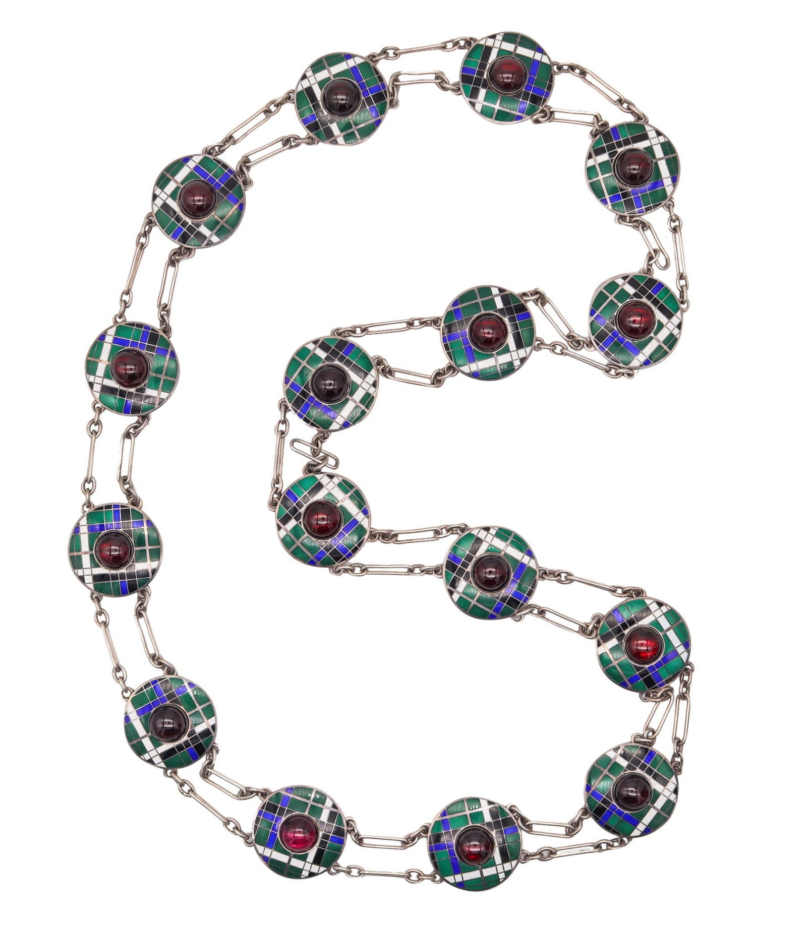 BURBERRY Modernist 1960 Cloisonné Enamel Belt Collar In Sterling Silver & Garnets: A beautiful long Burberry belt-collar from the 1960s modernist era, masterfully crafted in solid .925 sterling silver with a high-polished finish. The design features bold geometric linkwork enriched