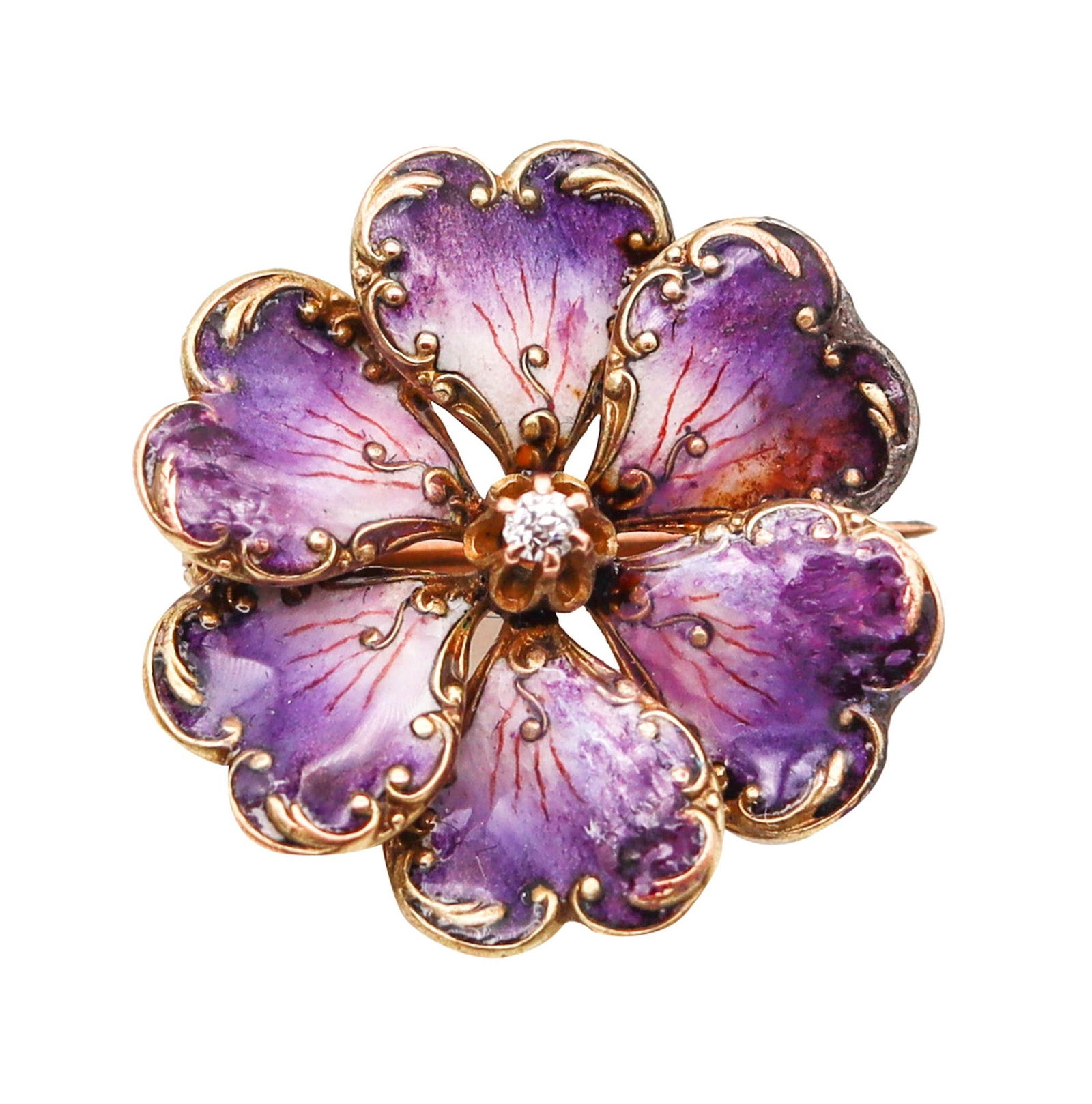 Art Nouveau 1905 Edwardian Enameled Purple Flower Brooch in 14Kt Gold With Diamond (1 of 4)