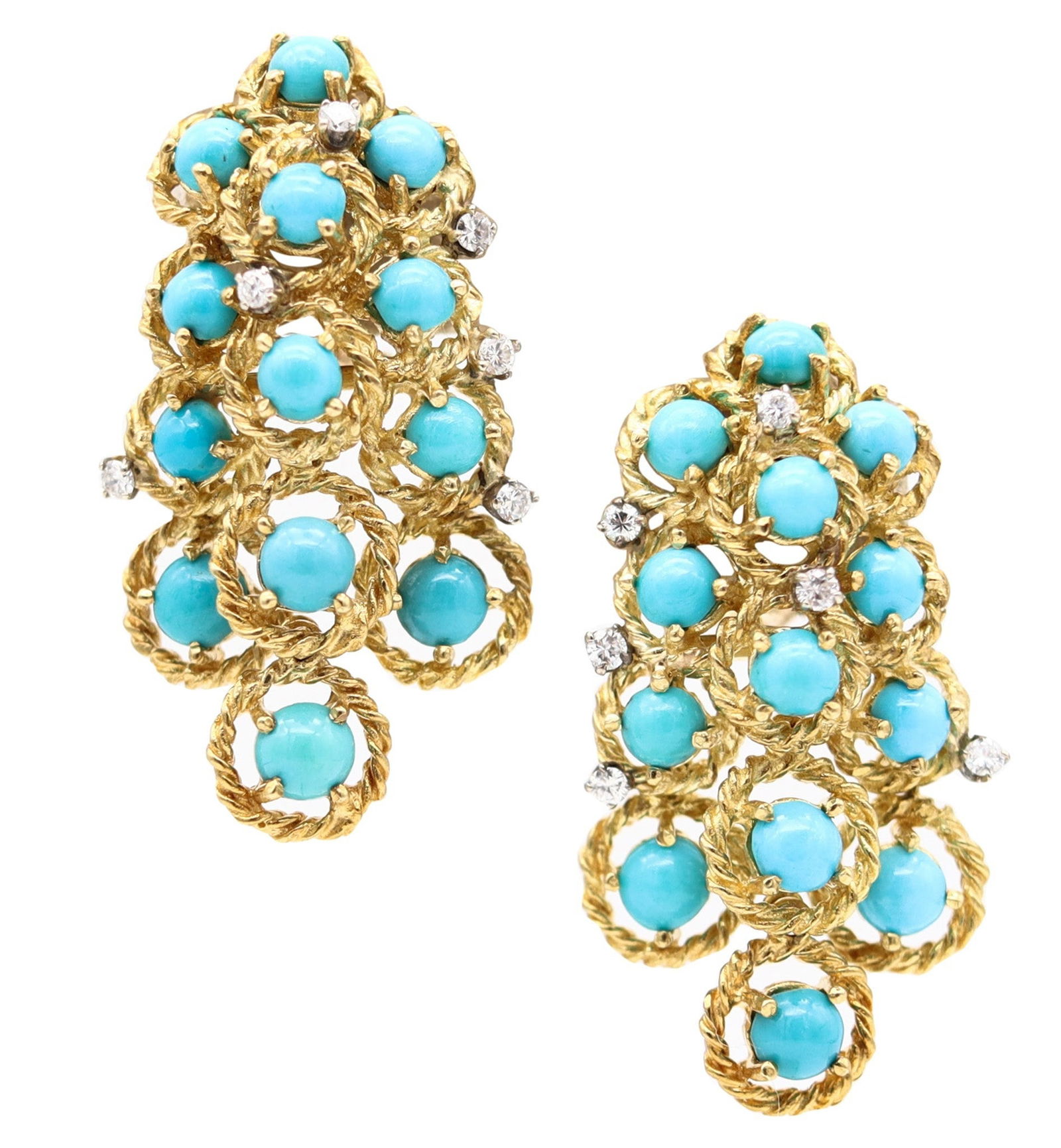 MODERNIST 1960 Cascade Dangle Earrings In 18Kt Gold With Turquoises & Diamonds (1 of 4)