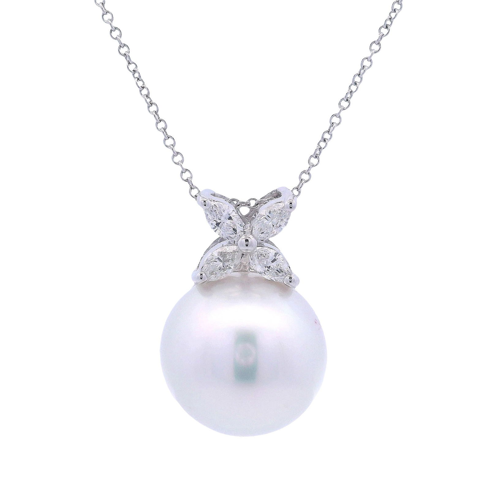18kt white Gold Necklace with South Sea Pearl and Diamonds: 18kt white Gold Necklace with South Sea Pearl and Marquise cut Diamonds weighing Approx. 0.80 carats. H color, VS1 clarity. Total weight: 2.55 grams.