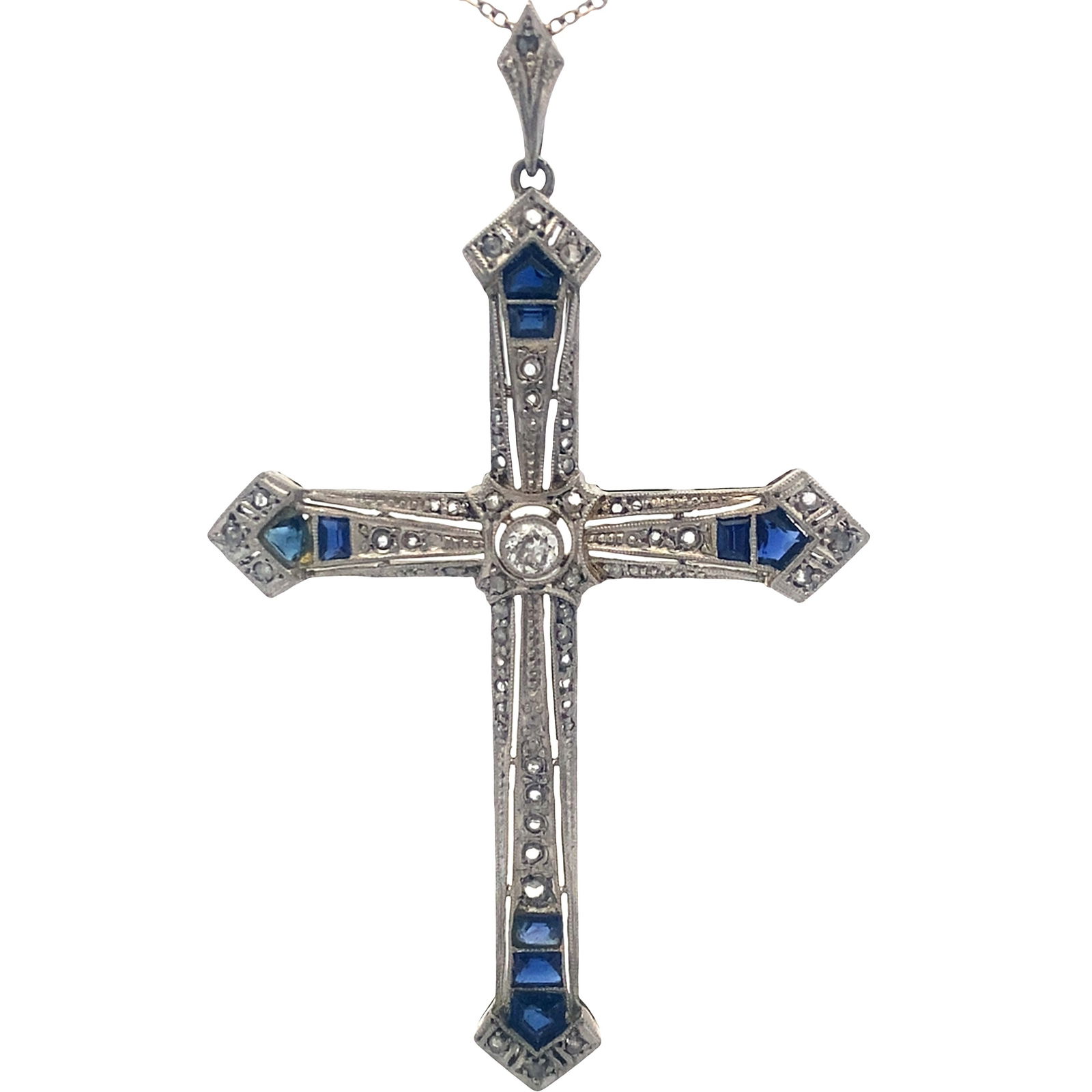 Art Deco Platinum filigree Cross Pendant with Diamonds & Sapphires (1 of 5)