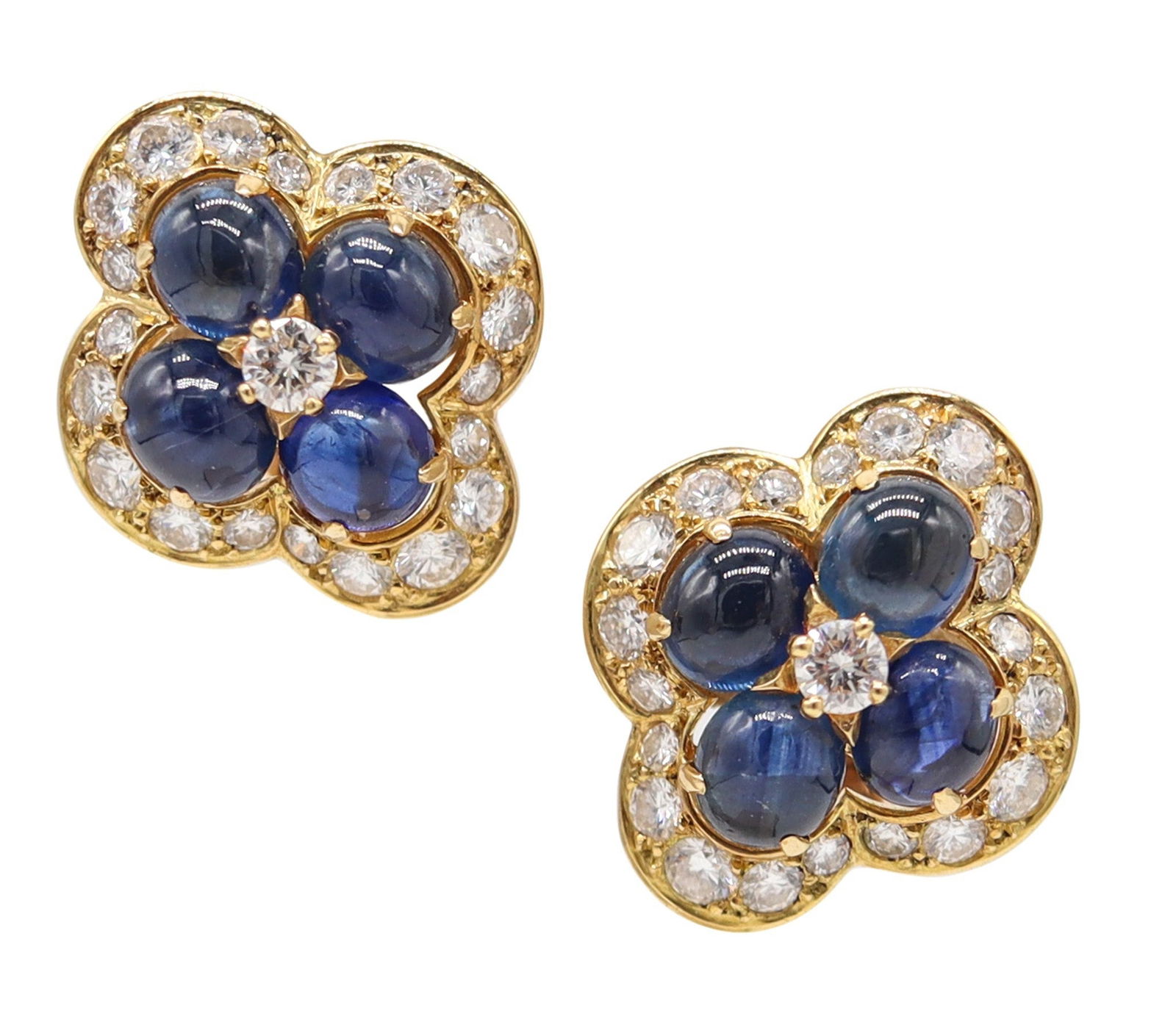 CARTIER Paris 1970 Clips-On Earrings In 18Kt Gold With 9.85 Ctw Sapphires & Diamonds: A beautiful vintage pair of Cartier Paris earrings from the late 1970s, masterfully crafted in solid 18k yellow gold with a high-polished finish and set with a striking sapphire-and-diamond compositio