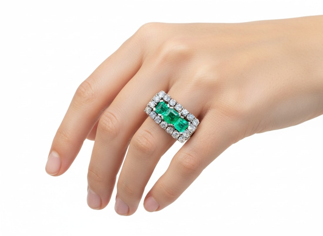 Art Deco Platinum Colombian Emerald & Diamond Ring: Art Deco ring in platinum, set with three Colombian emeralds totaling approximately 3.00 carats, accented by 18 diamonds weighing around 1.40 carats and 4 baguette diamonds totaling approximately 0.30