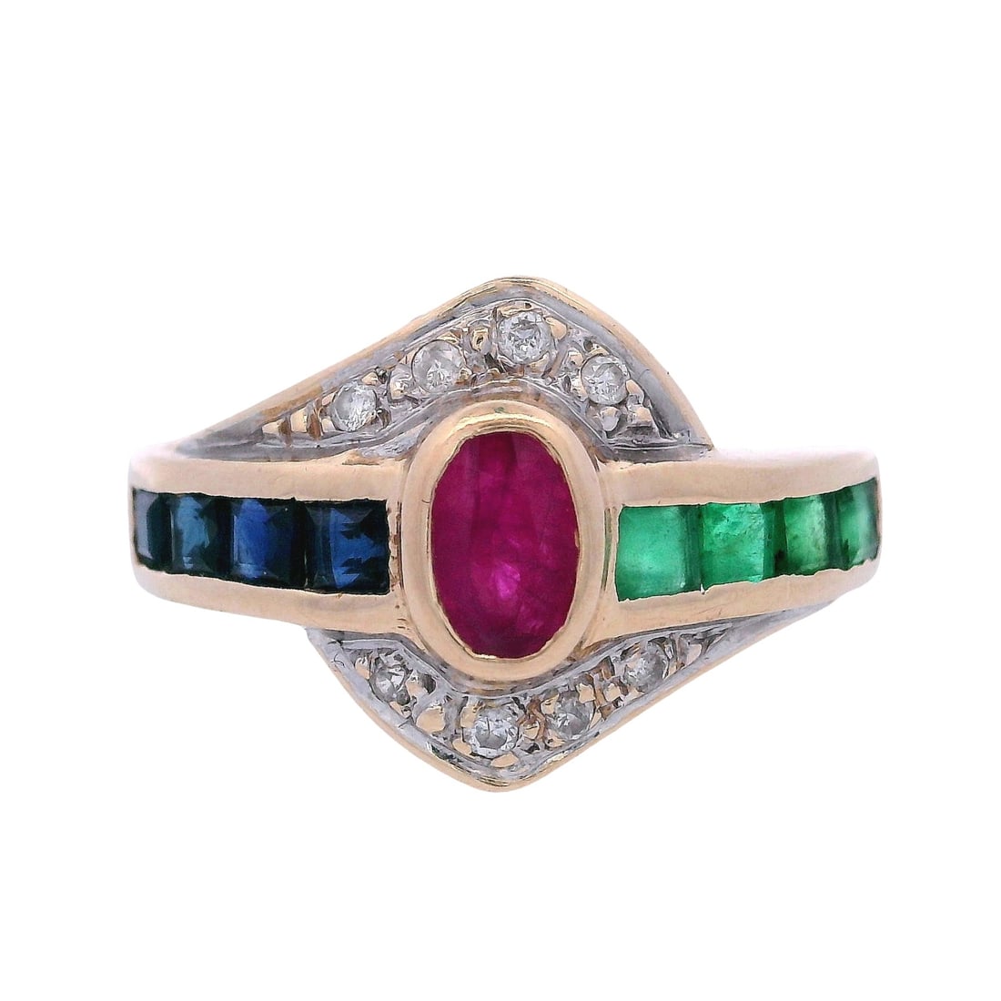 Vintage 14kt yellow Gold Ring with Multicolor Gemstones & Diamonds: Vintage Ring crafted from 14kt yellow Gold, accented with a center oval cut Ruby of Approx. 0.30 carats. Along with square cut Emeralds & blue Sapphires. Embellished with eight Diamonds. Ring size: 6.