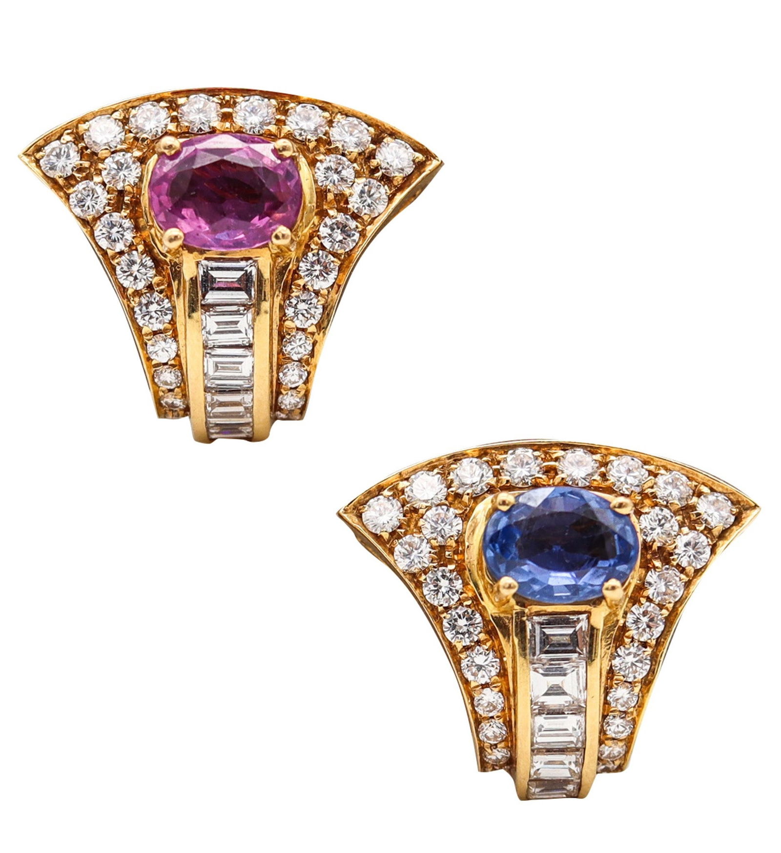 BVLGARI Clip On Earrings In 18Kt Yellow Gold With 8.93 Ctw In Diamonds And Sapphires: A great pair of Bvlgari Milano clip-on earrings from the exclusive Collection Privée (retailed only in Roma and Milan), crafted in solid 18k yellow gold with a high-polished finish. Each earring is c