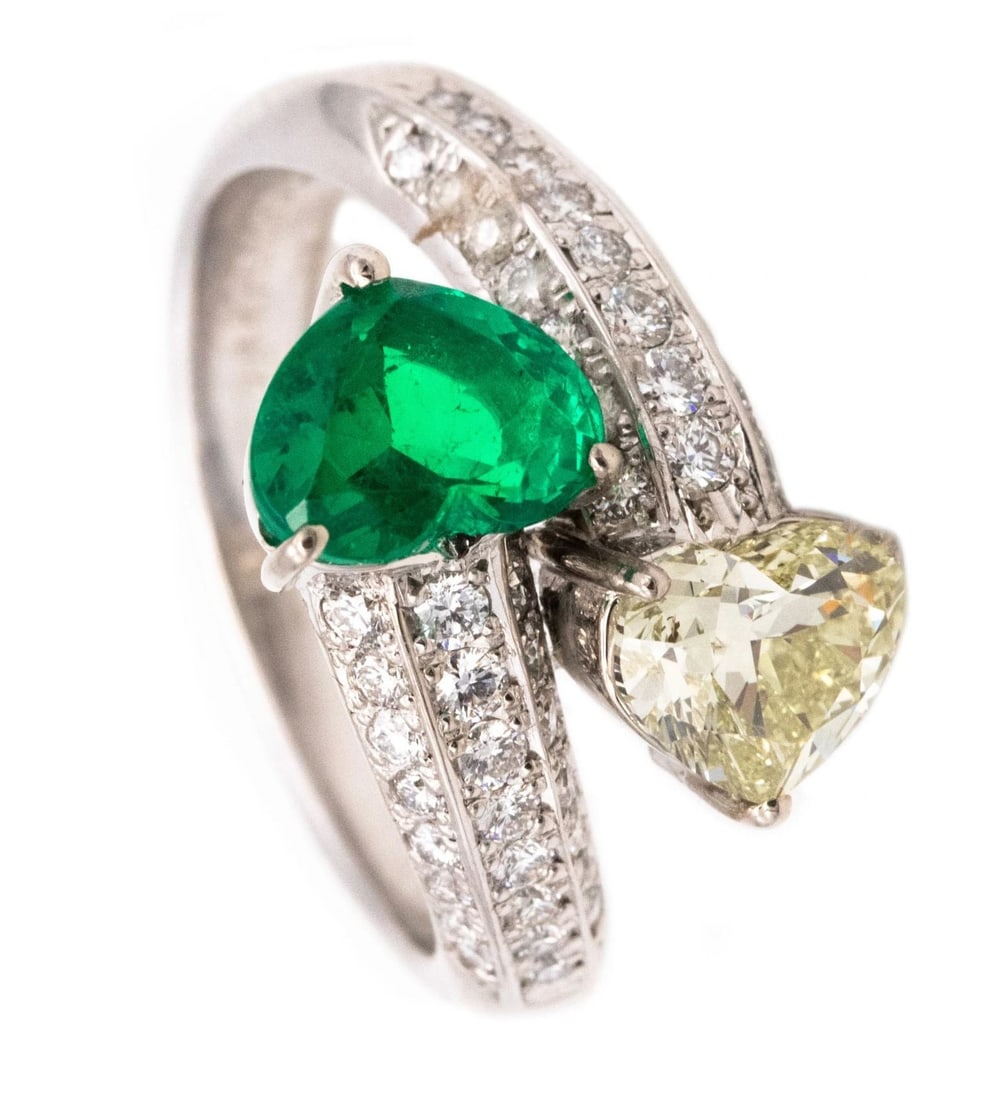 Gia Certified Platinum Toi Et Moi Ring With 2.81 Ctw In Muzo Colombian Emerald & Diamonds: A beautiful and unusual Art Deco–inspired Toi et Moi ring (“you and me”), crafted in solid .900 platinum with crisp geometric patterning and set with exceptional, vividly colored natural gem