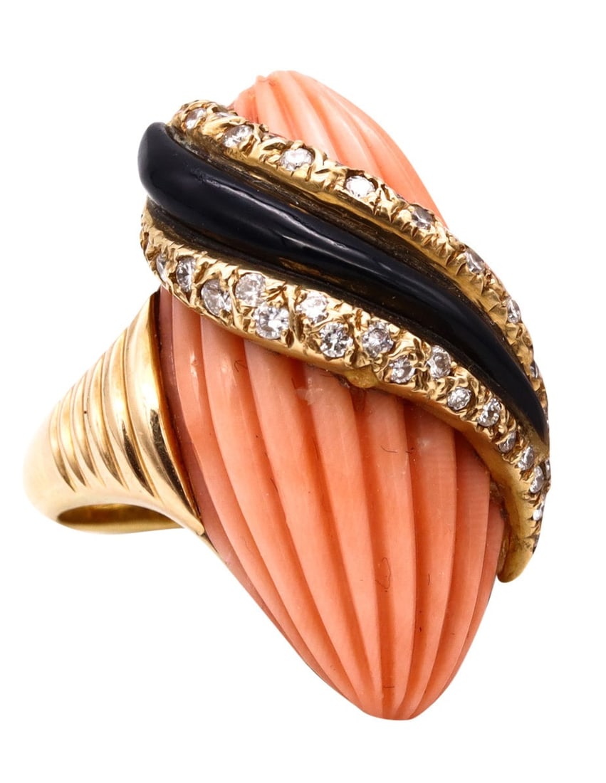 Andre Vassort 1960 France 18Kt Cocktail Ring With 1.02 Cts Diamonds Coral And Onyx (1 of 5)