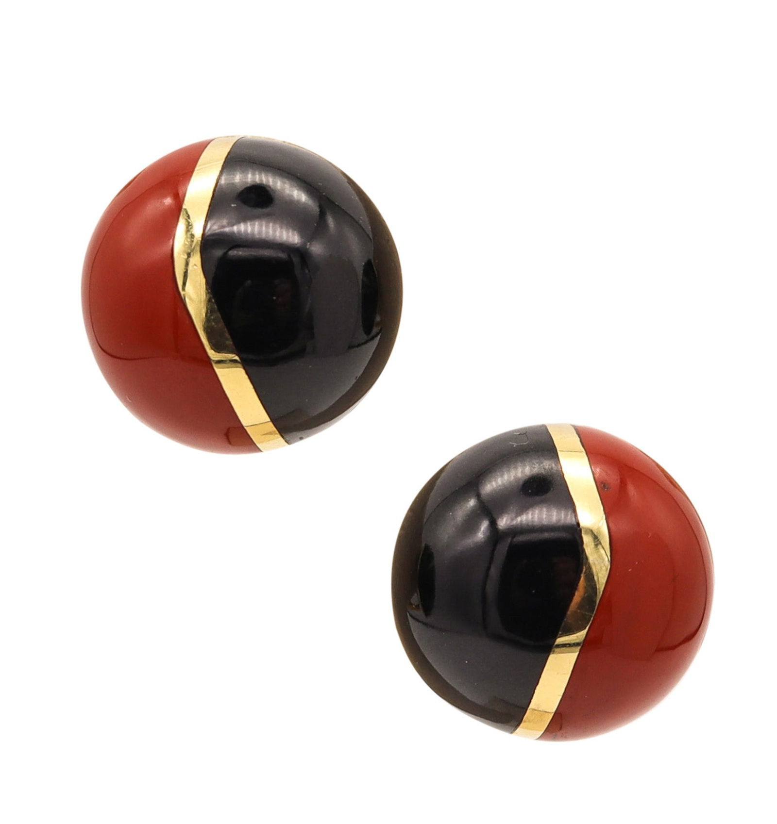 TIFFANY & Co. Angela Cummings Modernist Earrings 18Kt Gold Jasper & Jade: A beautiful pair of Angela Cummings for Tiffany & Co. clip-on earrings, created in New York City (circa 1977–1980) and crafted in classic modernist round bombé form. Made in solid 18k yellow gold w