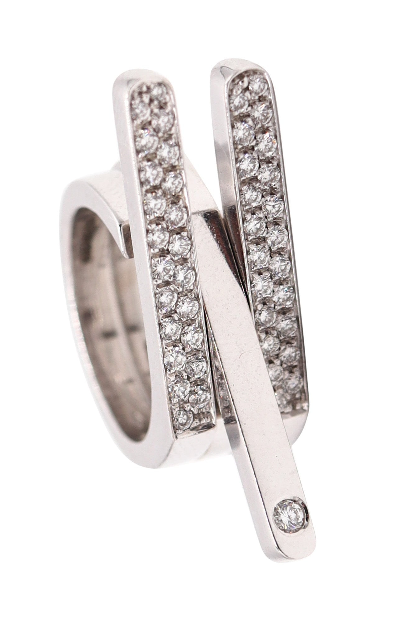 GARRARD & CO. London 2003 Sculptural Trio Ring 18Kt White Gold And VS Diamonds: An amazing sculptural Garrard & Co. trio-ring, created in London, England (2003) and designed as three interrelated bands that can be worn in multiple configurations for a bold, architectural look (se