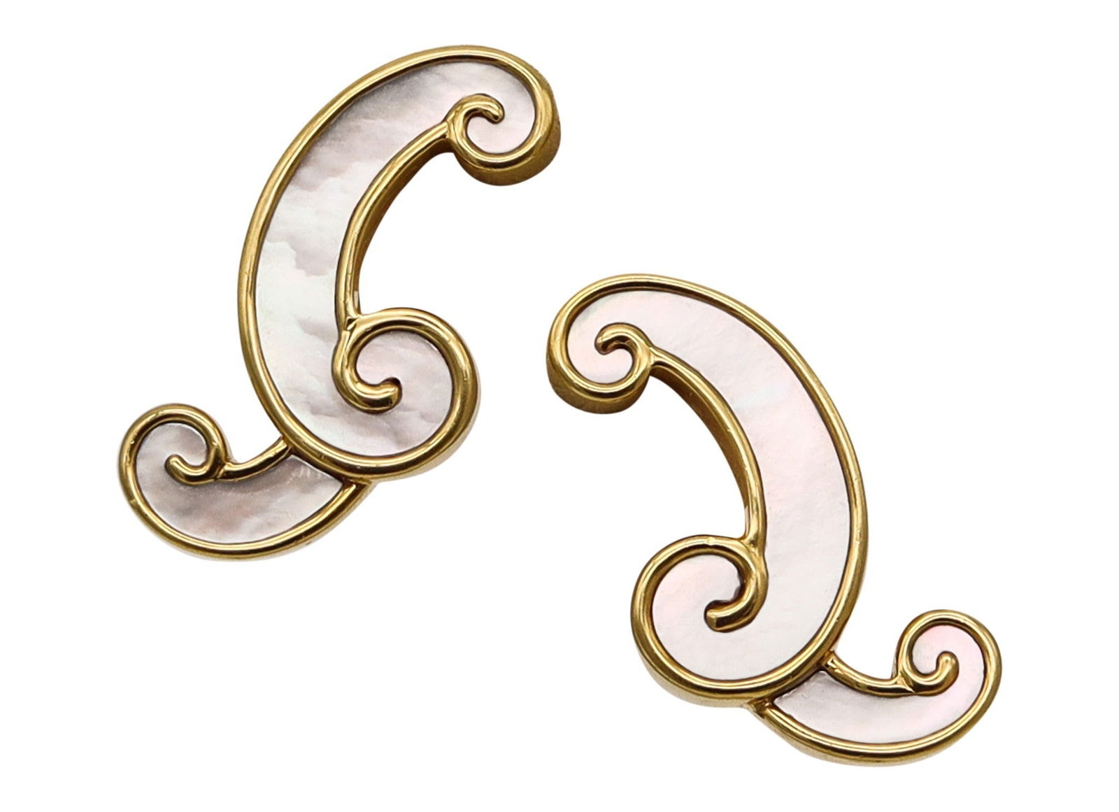 ANGELA CUMMINGS 1980 Free Forms White Nacre Clips-On Earrings In 18Kt Yellow Gold: A beautiful pair of Angela Cummings clip-on earrings, created in New York City (early 1980s) and designed in elegant modernist free-form shapes. Crafted in solid 18k yellow gold with a high-polished f