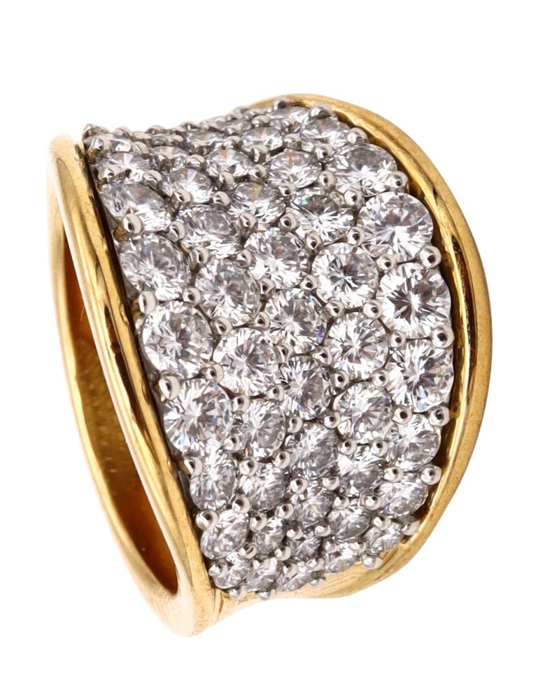 Designer Cluster Band Ring In Platinum And 18Kt Yellow Gold With 3.78 Cts In D VS-1 Diamonds: A modern one-of-a-kind sleek ring, carefully crafted in solid 18k yellow gold with high-polished surfaces and topped with a striking .950 platinum honeycomb element for the diamond settings. The desig