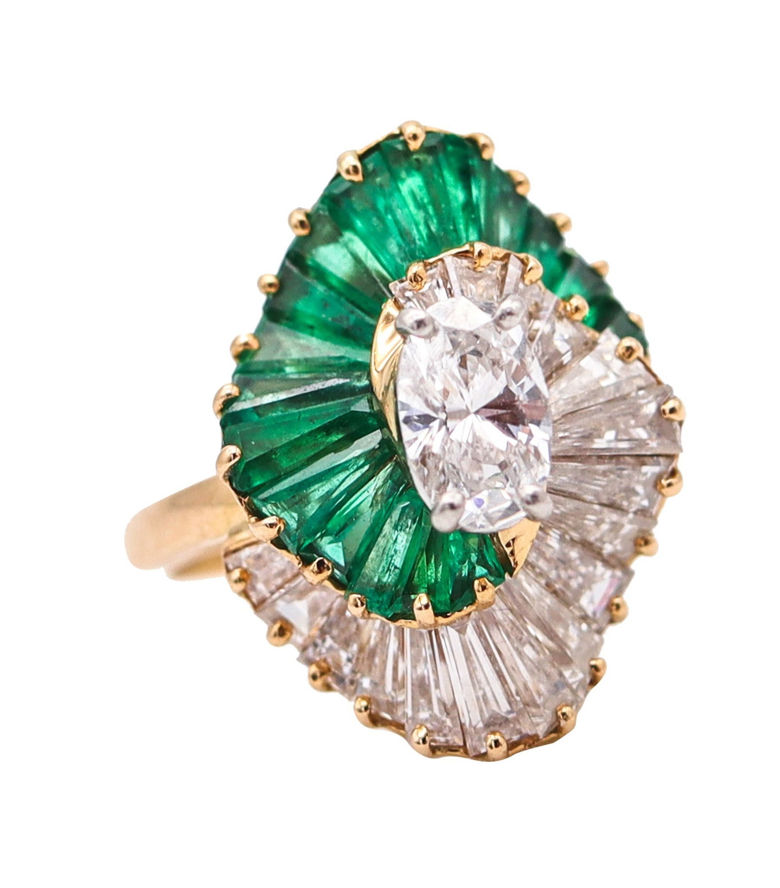 OSCAR HEYMAN Cocktail Ring In 18Kt Gold, Platinum, 2.98 Ctw Emeralds & Diamonds: A beautiful colorful Oscar Heyman cocktail ring, created in New York City (circa 1970–1980) and designed as an iconic Yin-Yang ballerina form in solid 18k yellow gold and platinum with a high-polish