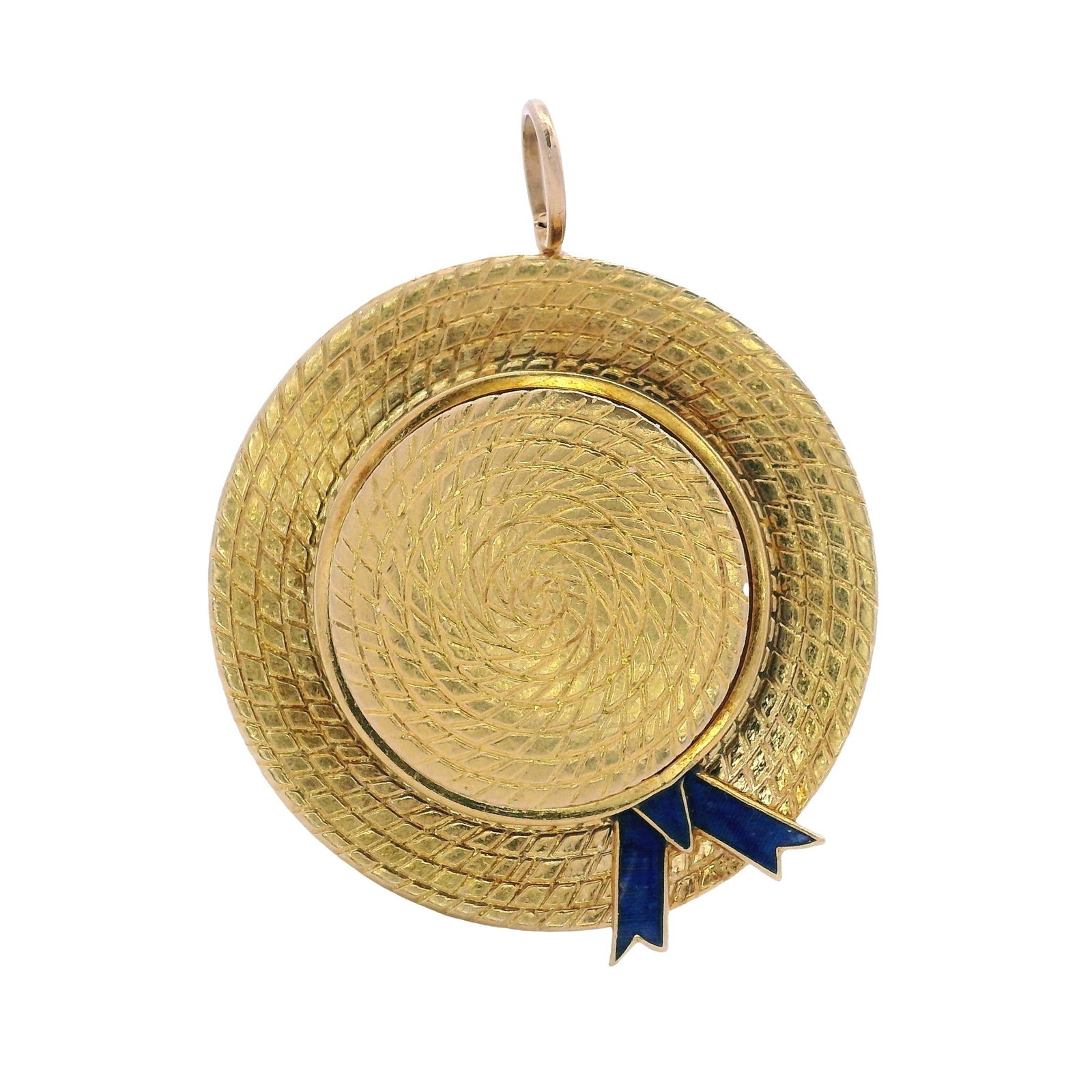 Vintage 18kt yellow Gold Straw Boater Hat Pendant with Enamel: Vintage 18kt yellow Gold Straw Boater Hat Pendant with a Blue Enamel ribbon. Total weight: 12.7 grams. Diameter: 1.30 inches. Stamped: "18k" with makers mark.