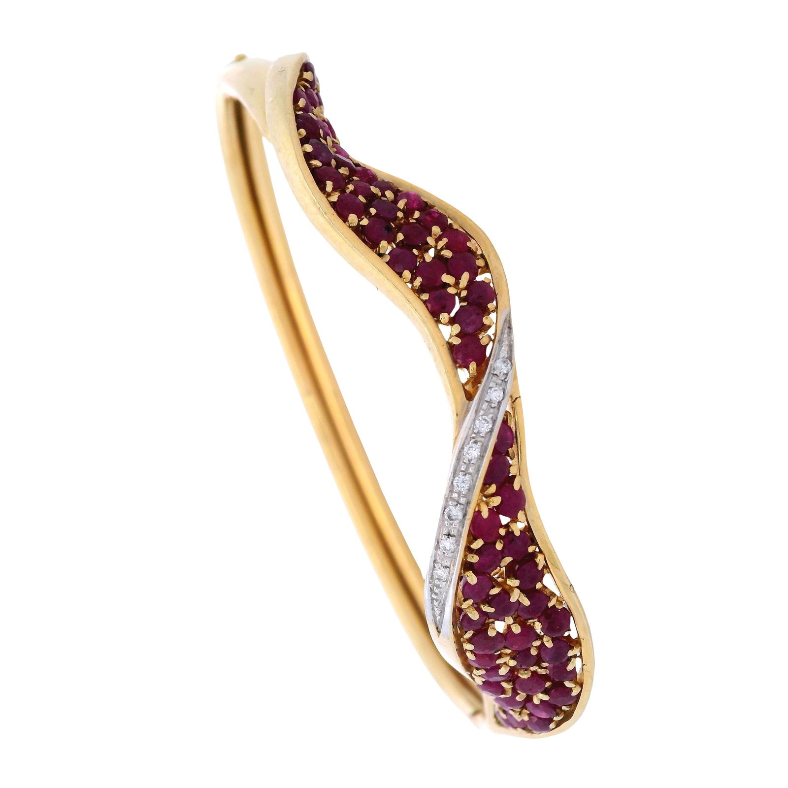 Italian designer 18kt yellow Gold Bangle Bracelet with Rubies & Diamonds: Italian designer Bangle Bracelet crafted from 18kt yellow Gold. Accented with 56 Round cut Rubies weighing together Approx. 2.50 carats. Along with 8 Round cut Diamonds. Total weight: 20.1 grams. Fits
