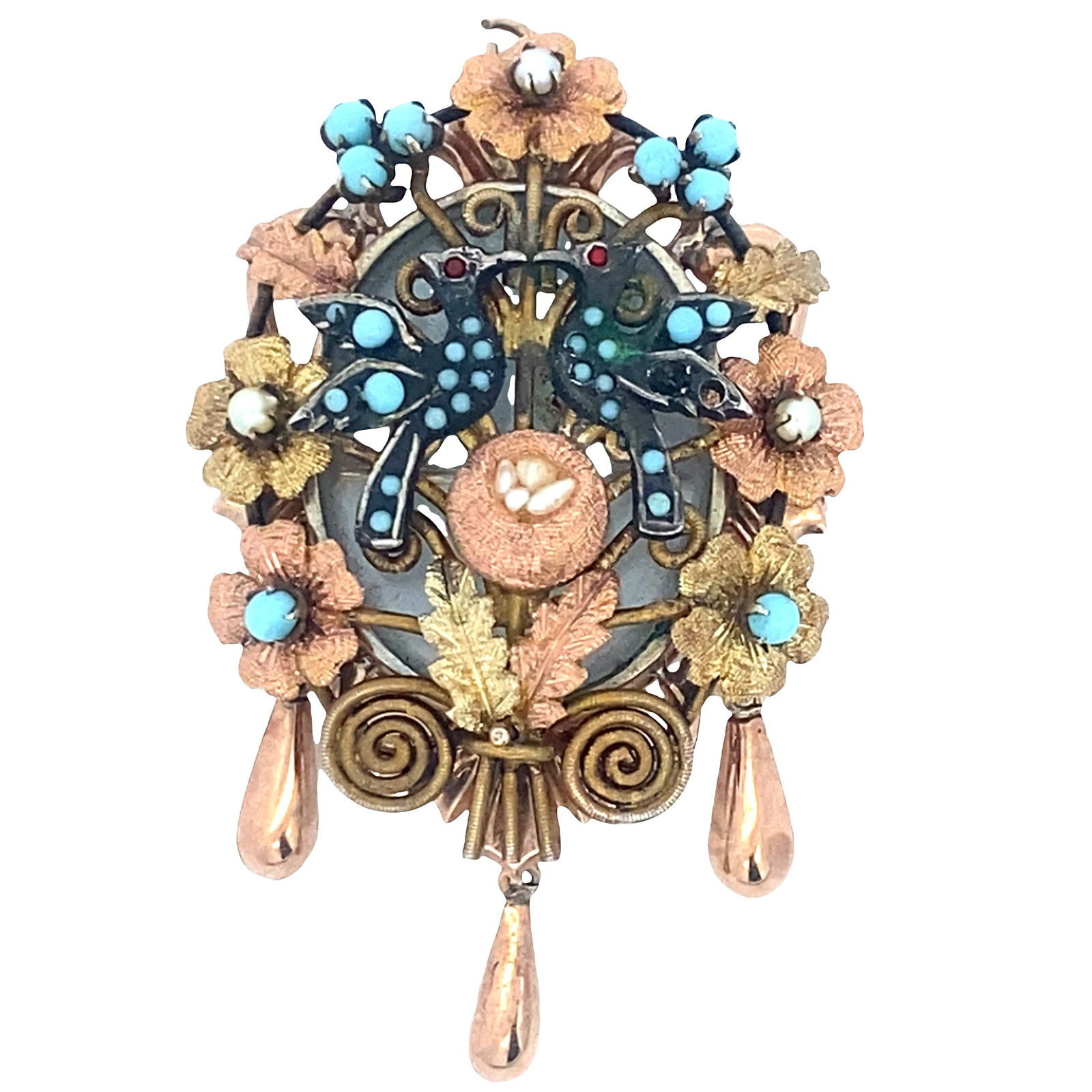 1880 Antique Victorian 14kt Gold Locket Pendant / Brooch with Turquoises & Pearls (1 of 4)