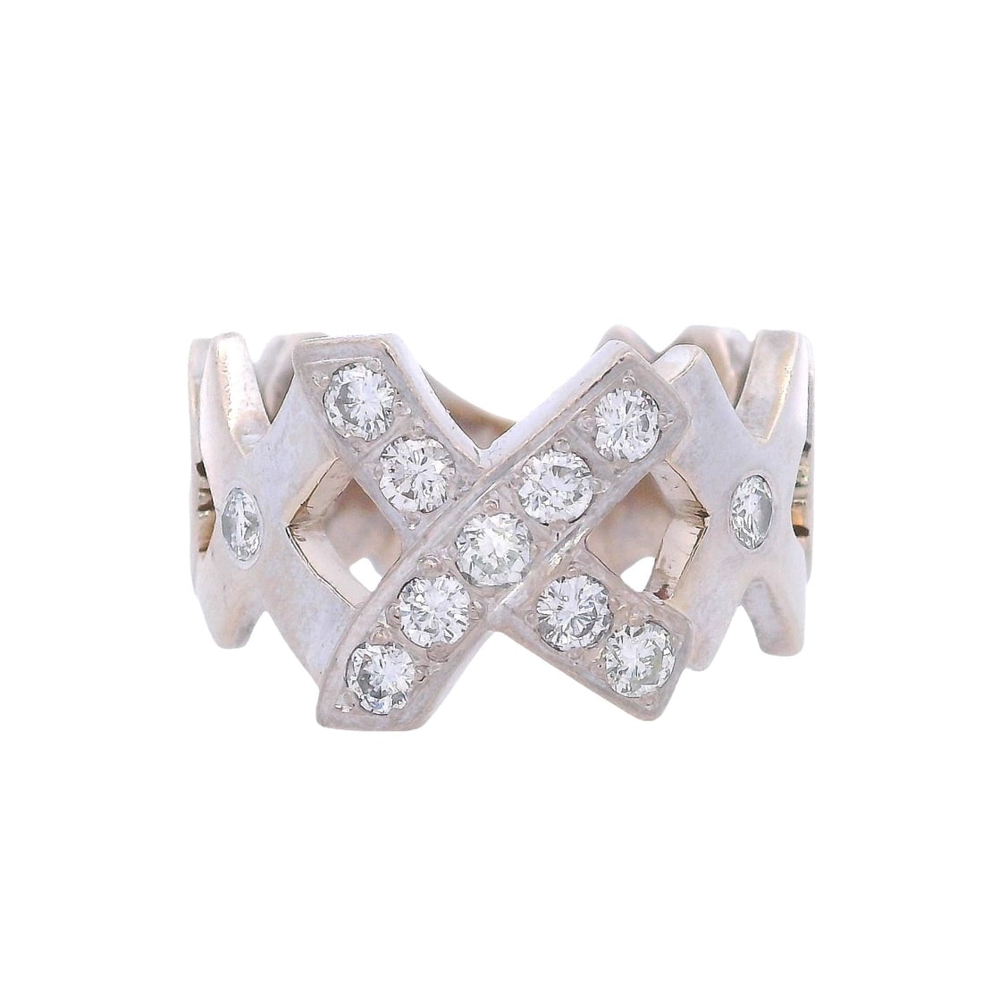 Vintage RUSSIAN 13.8 Kts white Gold Ring with Diamonds: Beautiful vintage ring, crafted in Southern Russia circa 1976 (Soviet era). Made in 13.8kt white gold and set with 11 round brilliant-cut diamonds totaling approximately 0.55 carats (H color, VS clari