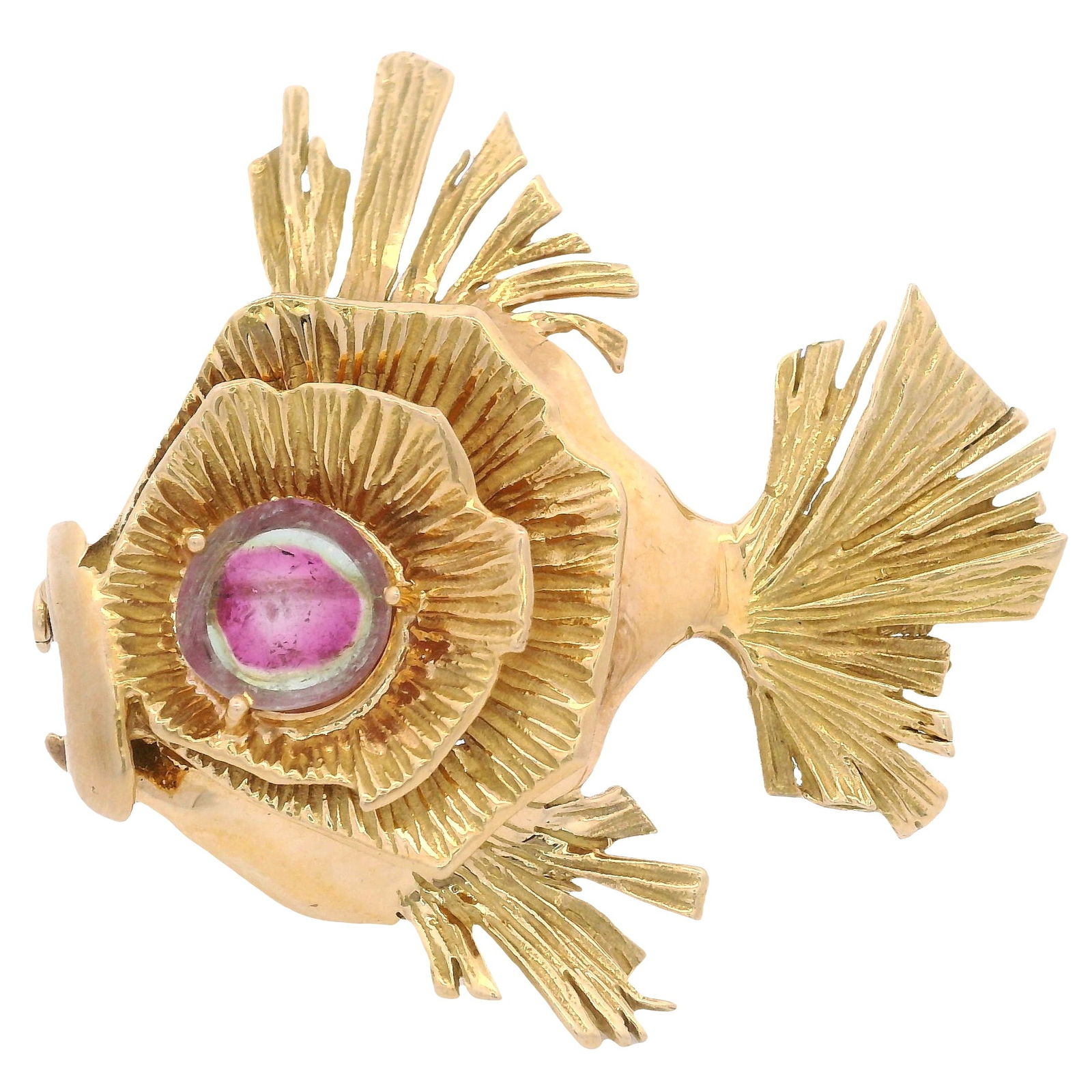 GUBELIN 1970 18kt yellow Gold Fish Brooch with Watermelon Tourmaline (1 of 5)