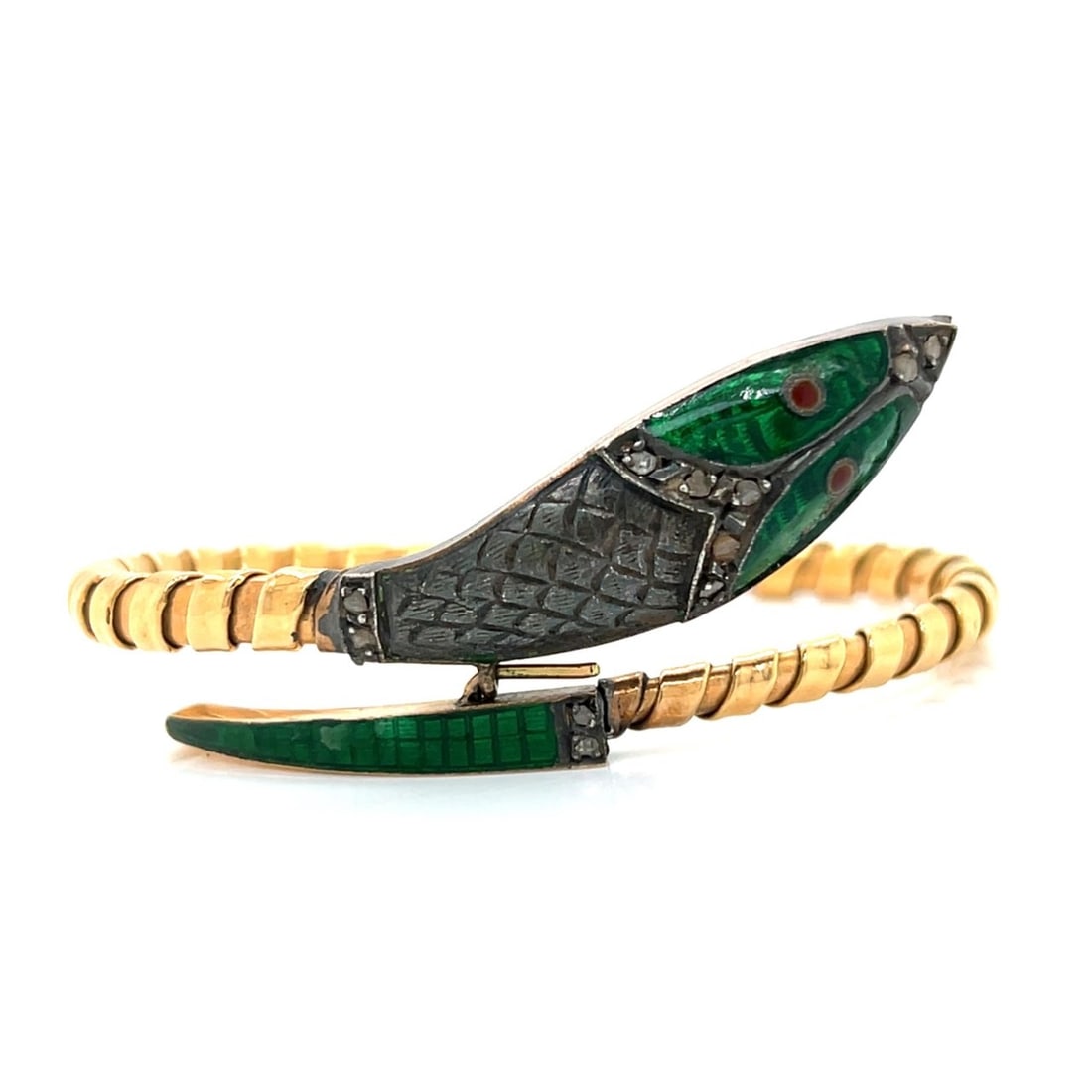Victorian 18K & Silver Snake Bangle Bangle Bracelet: Victorian 18K gold and silver snake bangle bracelet—a sculptural tour de force featuring an intricately carved serpent with vibrant green enamel scales, accented with 11 rose-cut diamonds totaling a