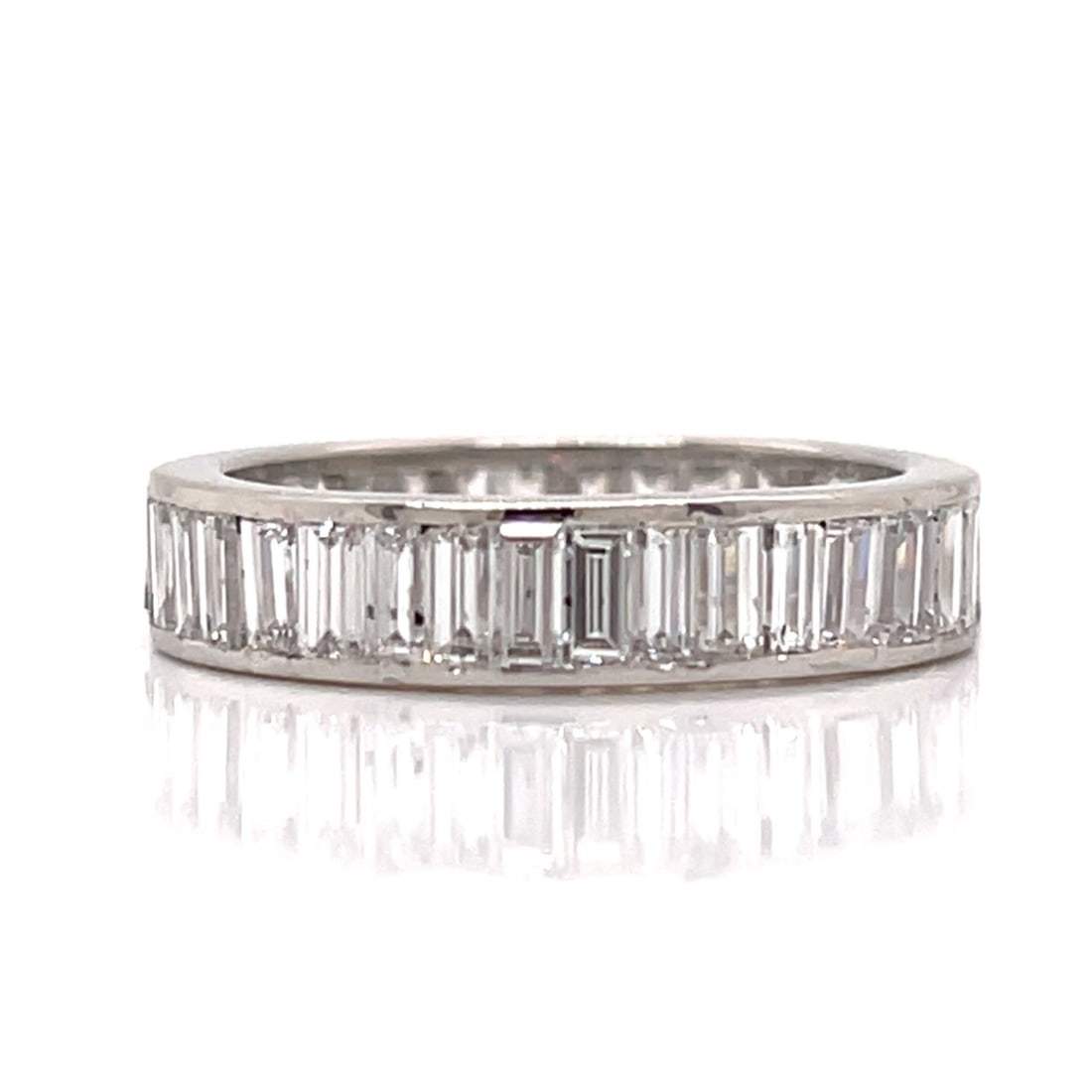 TIFFANY & CO. Art Deco Platinum 3.50 Ct. Diamond Eternity Band: TIFFANY & CO. Art Deco platinum eternity band set with 36 baguette diamonds totaling approx. 3.50 ct (F–G color, VVS–VS clarity), delivering a refined, linear sparkle with crisp vintage geometry.