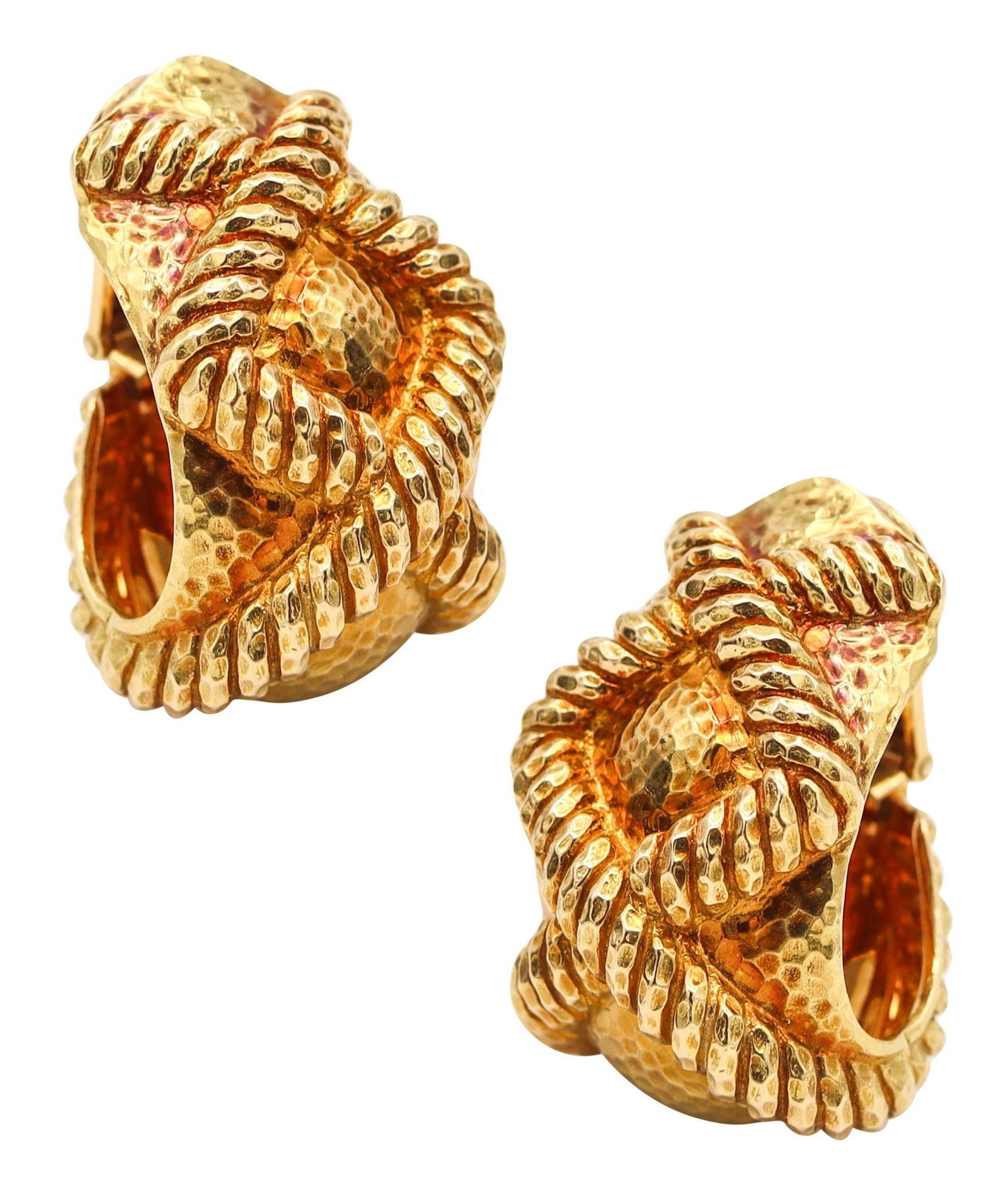 DAVID WEBB 1975 Cased Knoots Hoop Clips Earrings In Solid 18Kt Yellow Gold: A very rare and magnificent pair of vintage hoop clip earrings by David Webb, created in New York City circa 1975 and designed with the house’s signature bold, sculptural presence. Crafted in chased