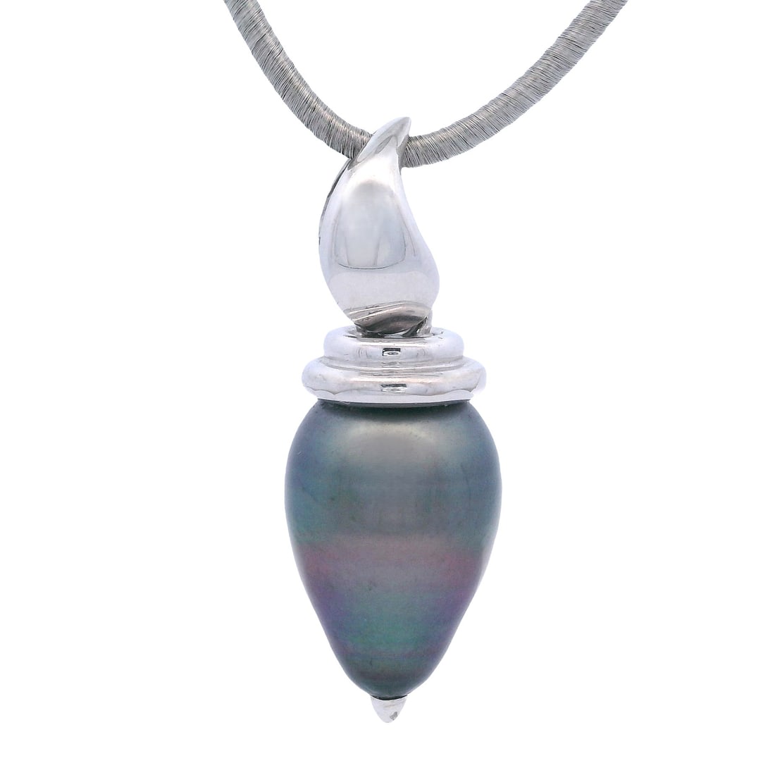 ITALIAN 18kt white Gold Pendant Necklace with Tahitian Pearl: 18kt white Gold Pendant Necklace crafted by by an Italian Jewelry House. Pendant is set with a Baroque Tahitian Pearl. Pendant measurements: 1.4 x 0.5 inches. Chain length: 16 inches. Total weight: 18