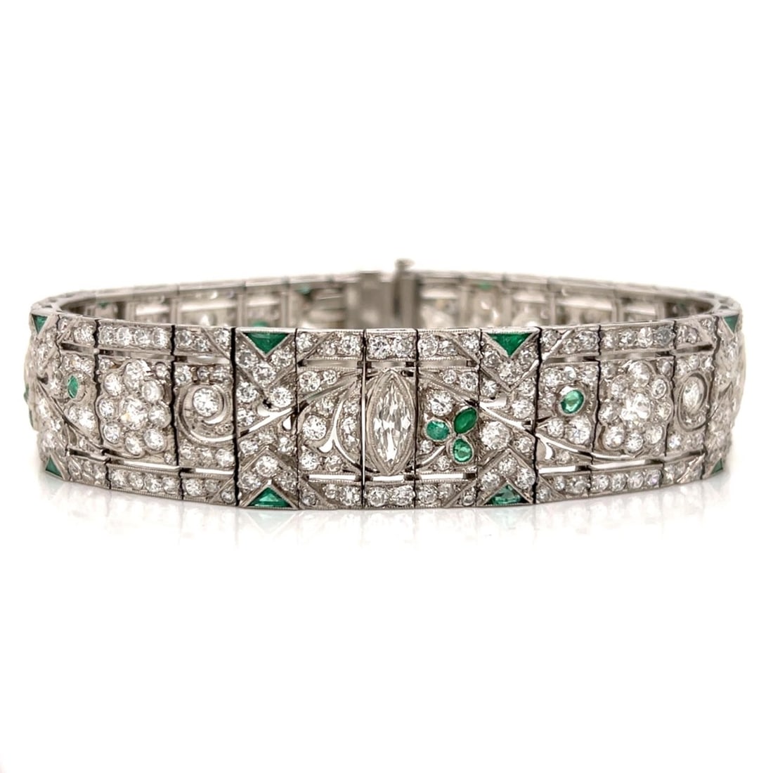 Art Deco Platinum Diamond & Emerald Bracelet: Art Deco platinum bracelet showcasing 4 marquise diamonds totaling approx. 2.40 ct, surrounded by 397 European-cut diamonds totaling approx. 13.50 ct (F–H color, VS1–SI1 clarity) in a richly textu
