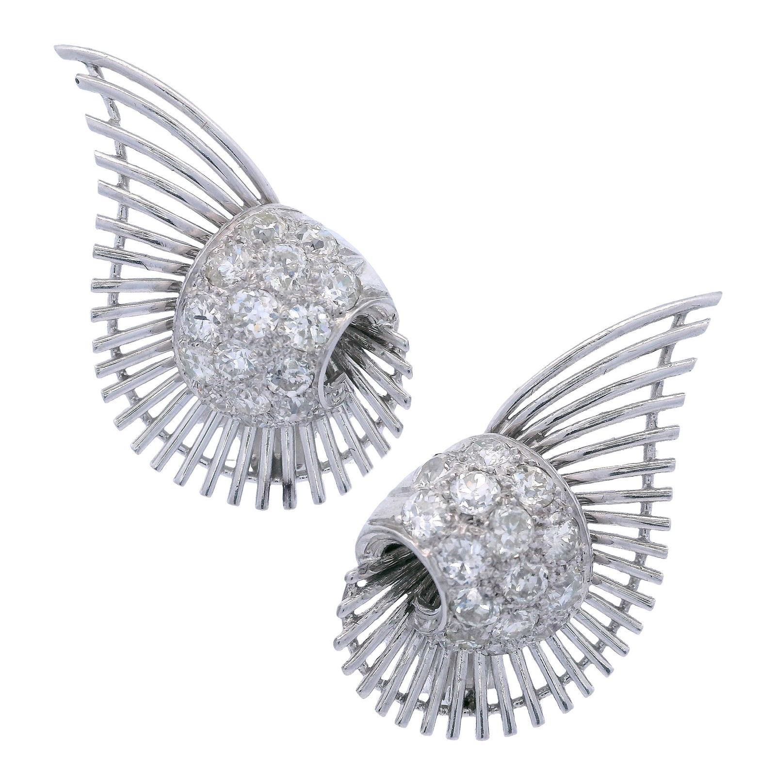 FRENCH Art Deco 18kt white Gold Clip-on Earrings with 2.60 Cts in Diamonds: Pair of French Art Deco Clip-on Earrings crafted in 18kt white Gold Embellished with 32 European cut Diamonds weighing together Approx. 2.60 carats. VS1-SI2 clarity, H-J color. Stamped: "SGDG, 18K" an