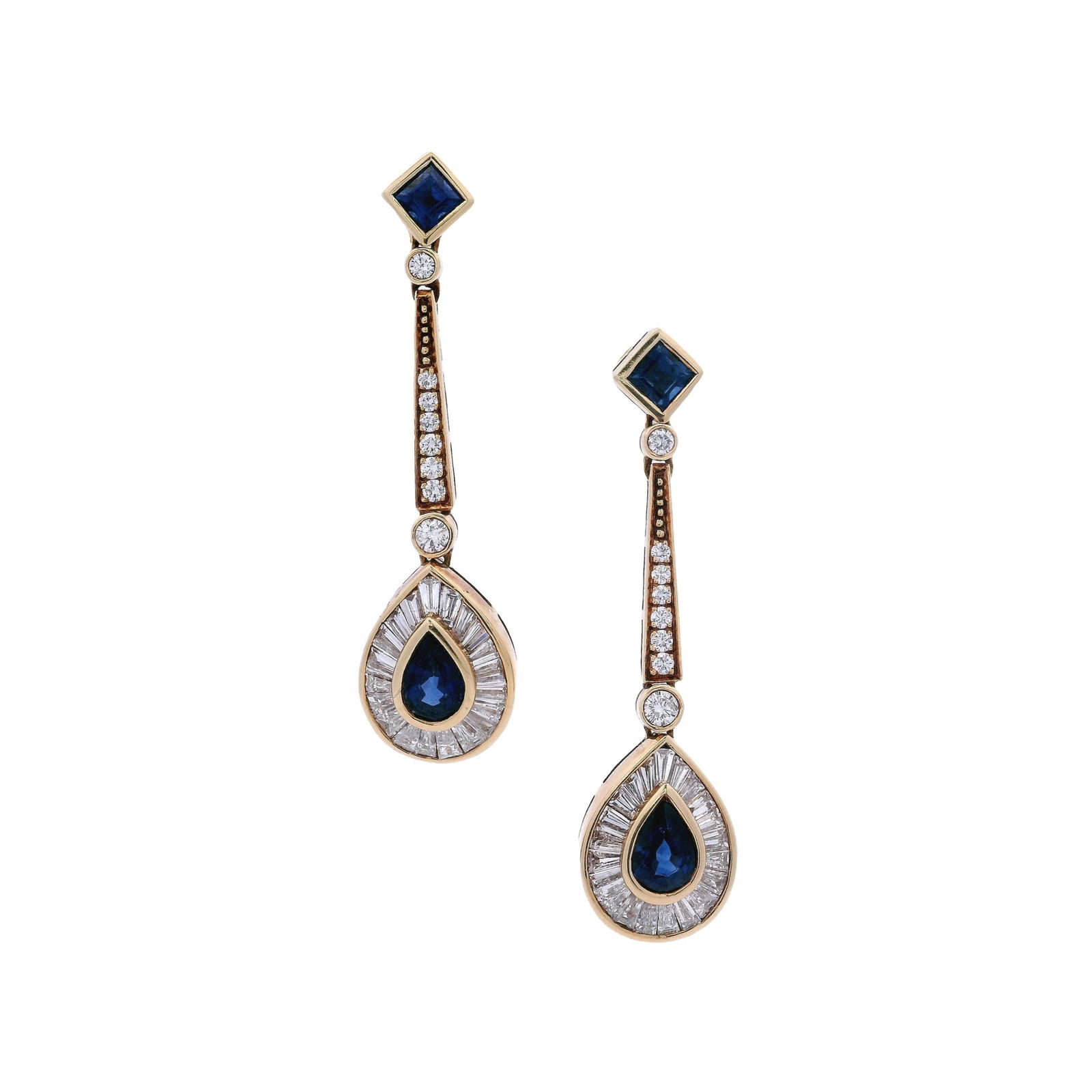 Vintage 18kt yellow Gold Drop Earrings with 5.36 CTW in blue Sapphires and Diamonds (1 of 5)