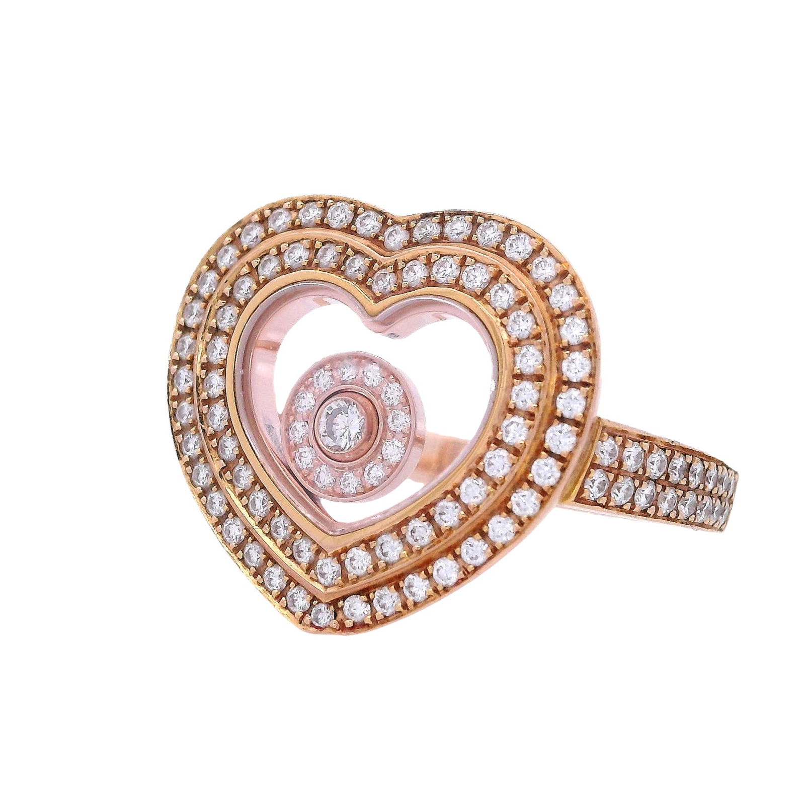 CHOPARD Happy Diamonds 18kt yellow Gold Heart Ring with Diamonds: Chopard Happy Diamonds heart ring crafted in 18kt yellow gold, featuring a signature floating diamond of approximately 0.05 carats (G color, VS1 clarity) framed by 112 round-cut diamonds totaling abou