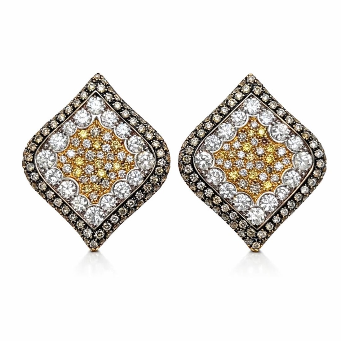 LUCA CARATI 18K Yellow Gold Color Diamond Earrings: LUCA CARATI 18K yellow gold earrings—a sophisticated geometric design featuring a diamond-paved center in warm fancy yellow diamonds, framed by a crisp white diamond border and outer halo of champag