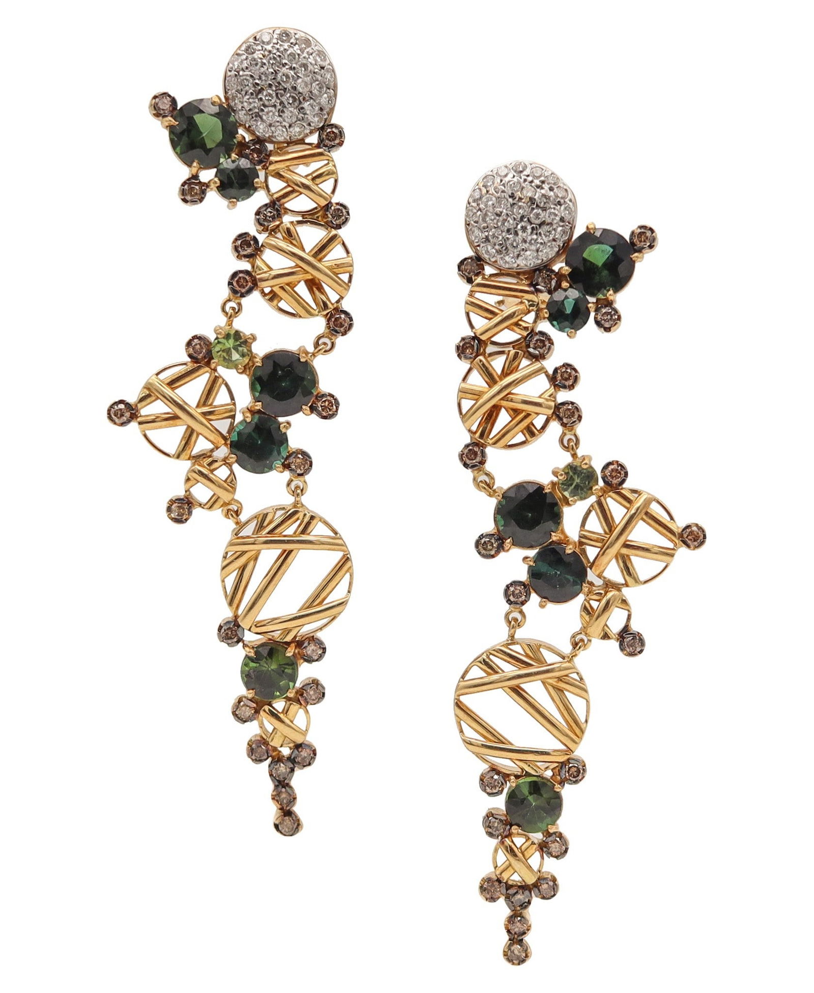 MODERNIST Dangle Drop Earrings 18Kt Gold & 14.24 Ctw Tourmalines & Diamonds: An amazing pair of Modernist studio dangle drop earrings created in America circa 1980, designed as a true left-and-right pair with multiple articulations for graceful movement in solid 18K yellow gol