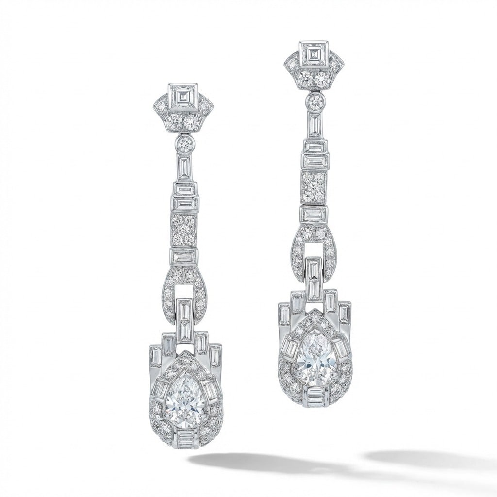 SOPHIA D. Platinum 6.70 Ct. Diamond Earrings: SOPHIA D. platinum earrings—an Art Deco-inspired masterpiece featuring 2 old pear-shaped diamonds totaling approx. 2.20 ct (H–I color, VVS clarity) suspended from an intricately articulated geomet