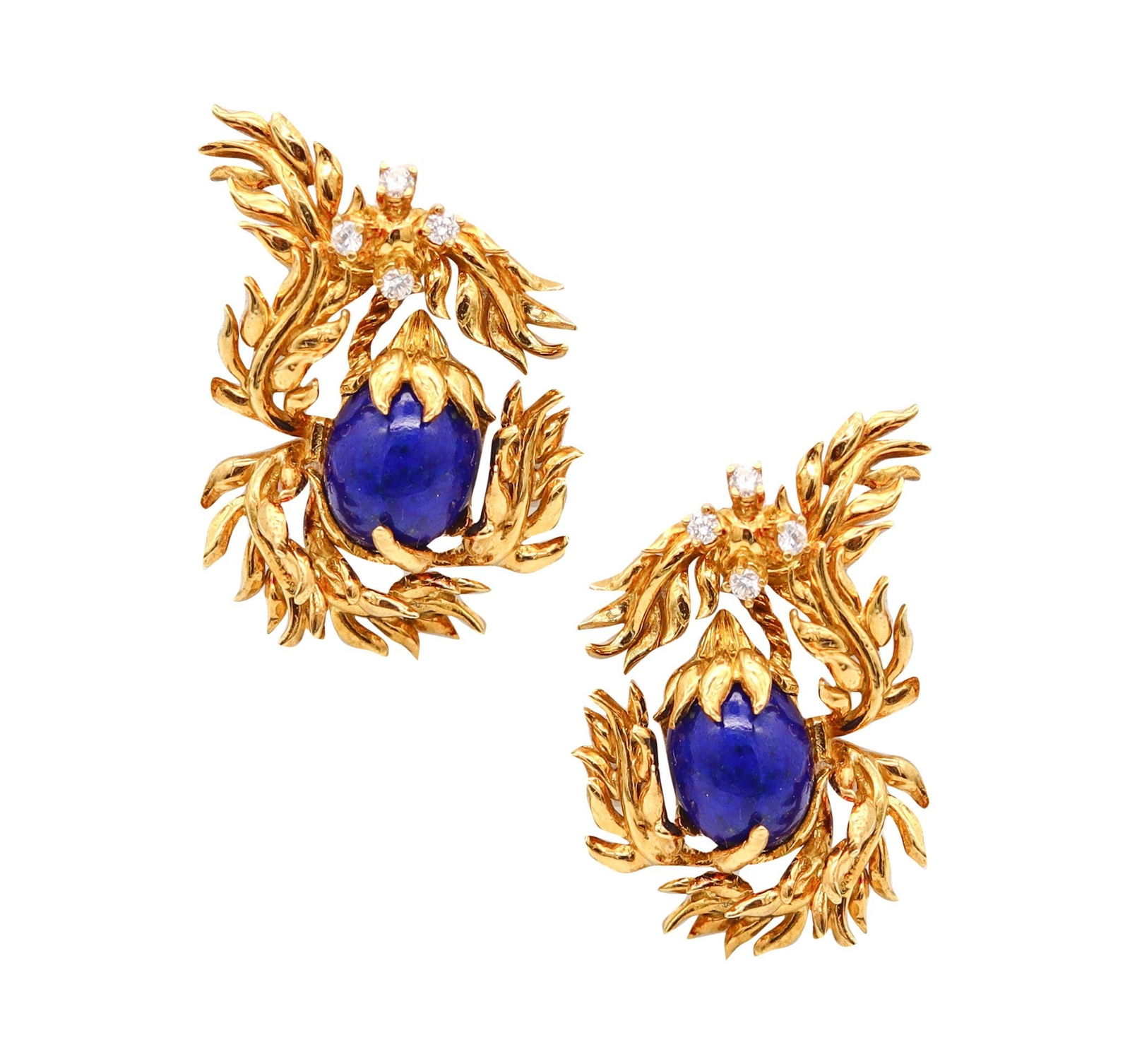 CARTIER 1969 Aldo Cipullo Clips Earrings In 18Kt Yellow Gold With Lapis & Diamonds: A fabulous pair of flames ear-clips by Aldo Cipullo for Cartier, created in New York City circa 1969–1970 during his celebrated in-house designer collaboration with the Maison (1969–1975). These s