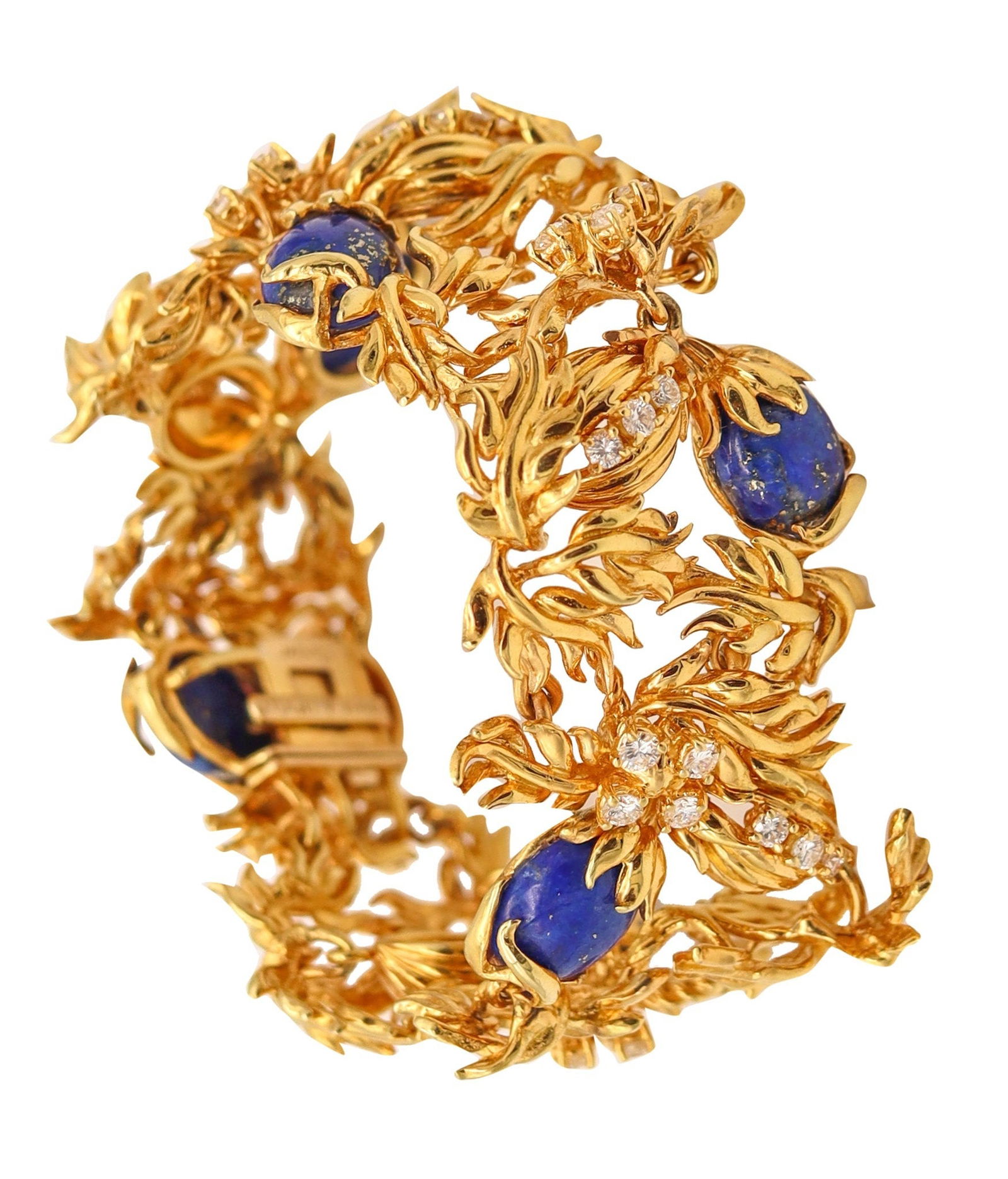 CARTIER 1970 Aldo Cipullo Bracelet In 18Kt Yellow Gold With Lapis & VS Diamonds: A fabulous pair of flames ear-clips by Aldo Cipullo for Cartier, created in New York City circa 1969–1970 during his celebrated in-house designer collaboration with the Maison (1969–1975). These s