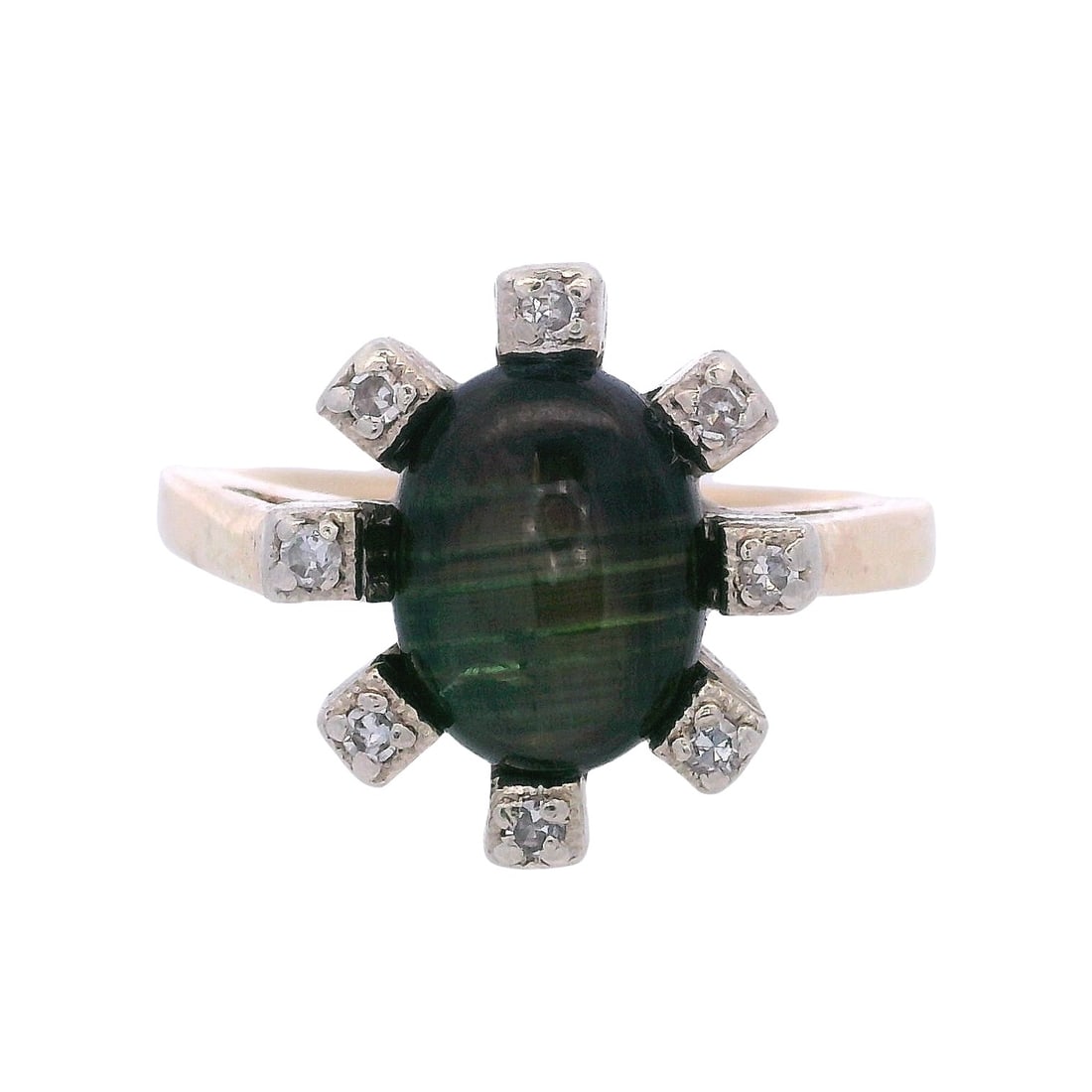 Antique 14kt yellow Gold Ring with Black Star Sapphire and Diamonds: Antique Ring crafted from 14kt yellow gold, set with a center cabochon Black Star Sapphire of Approx. 2.00 carats. Along with 8 Round cut Diamonds weighing approx. 0.10 carats. H color. Ring size: 7 1