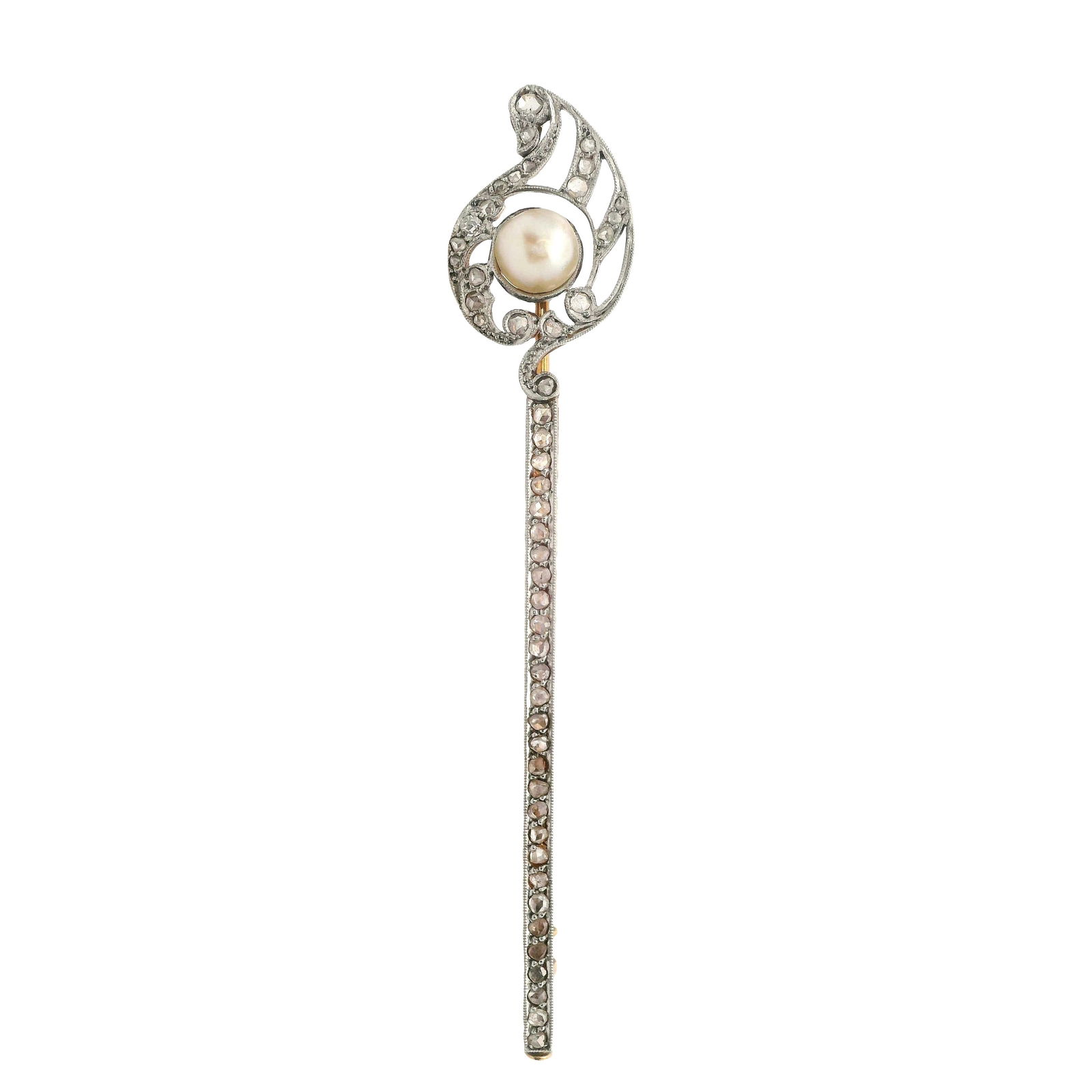 Edwardian 18kt Gold & Platinum Pin Brooch with Natural Pearl & Diamonds (1 of 4)