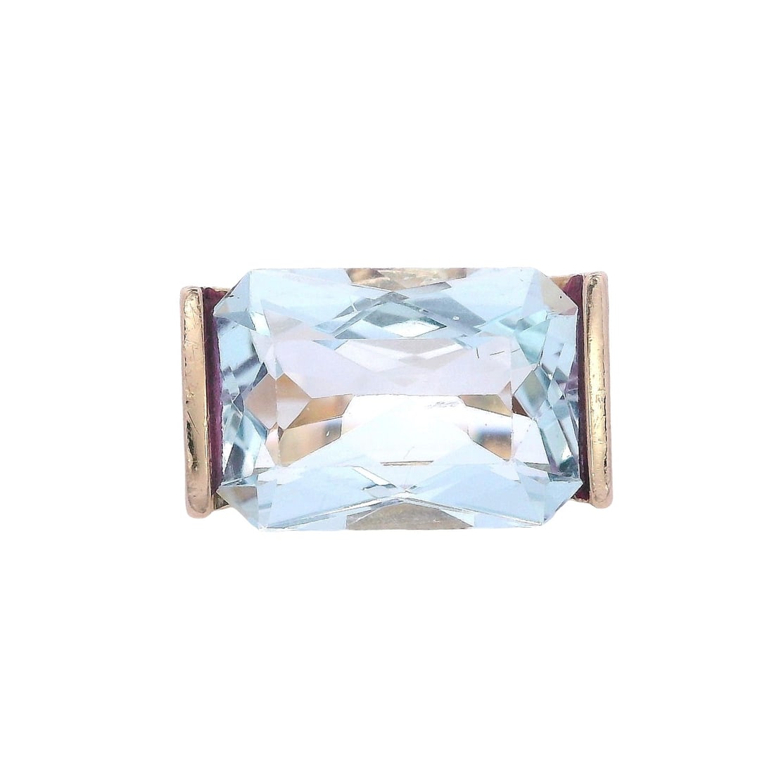 Retro 14kt yellow Gold Ring with Aquamarine: Circa1950, Retro Ring crafted form 14kt yellow Gold, featuring a center rectangular cushion cut Aquamarine weighing Approx. 7.50 carats. Ring size: 6 1/2. Total weight: 7.6 grams. Ring width: 0.37 inc