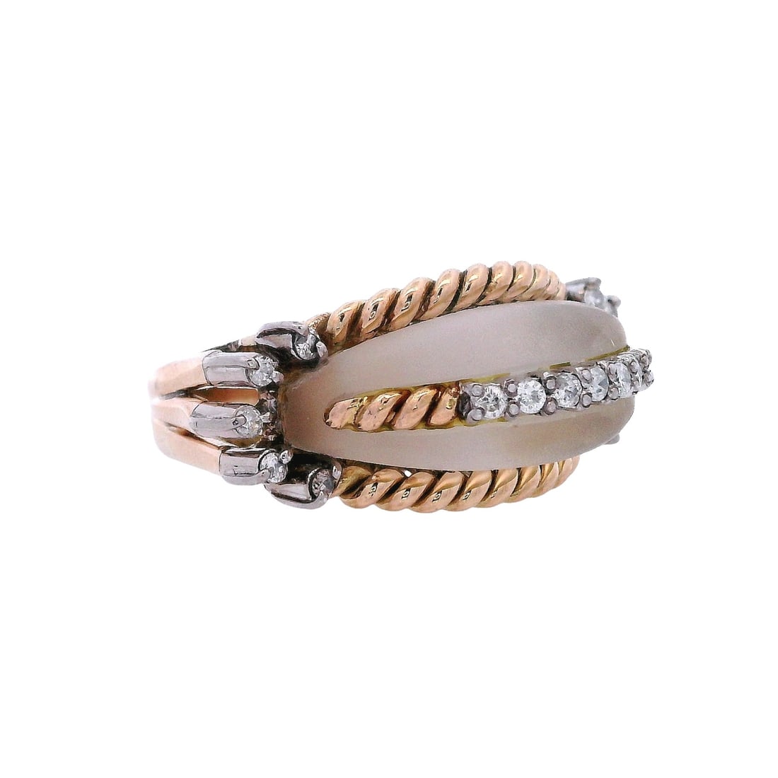 Mid-Century 14kt yellow Gold Ring with Rock Crystal & Diamonds: Circa 1960s. Mid-Century Ring crafted in 14kt yellow Gold, featuring a center Domer Rock Crystal. Accented with 17 Round cut Diamonds weighing together Approx. 0.35 carats. H-J color. Ring size: 8. To
