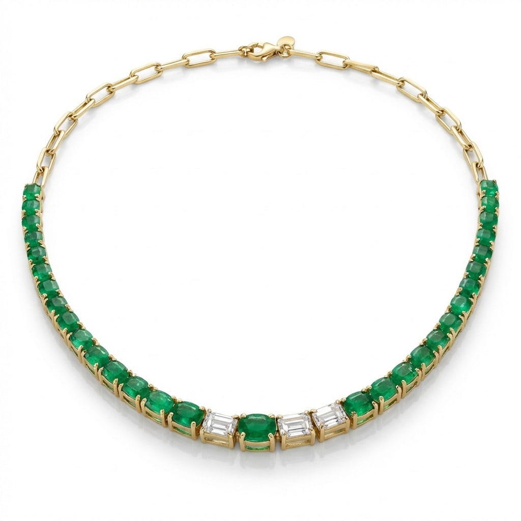 14K Yellow Gold Emerald & Diamond Necklace (1 of 2)