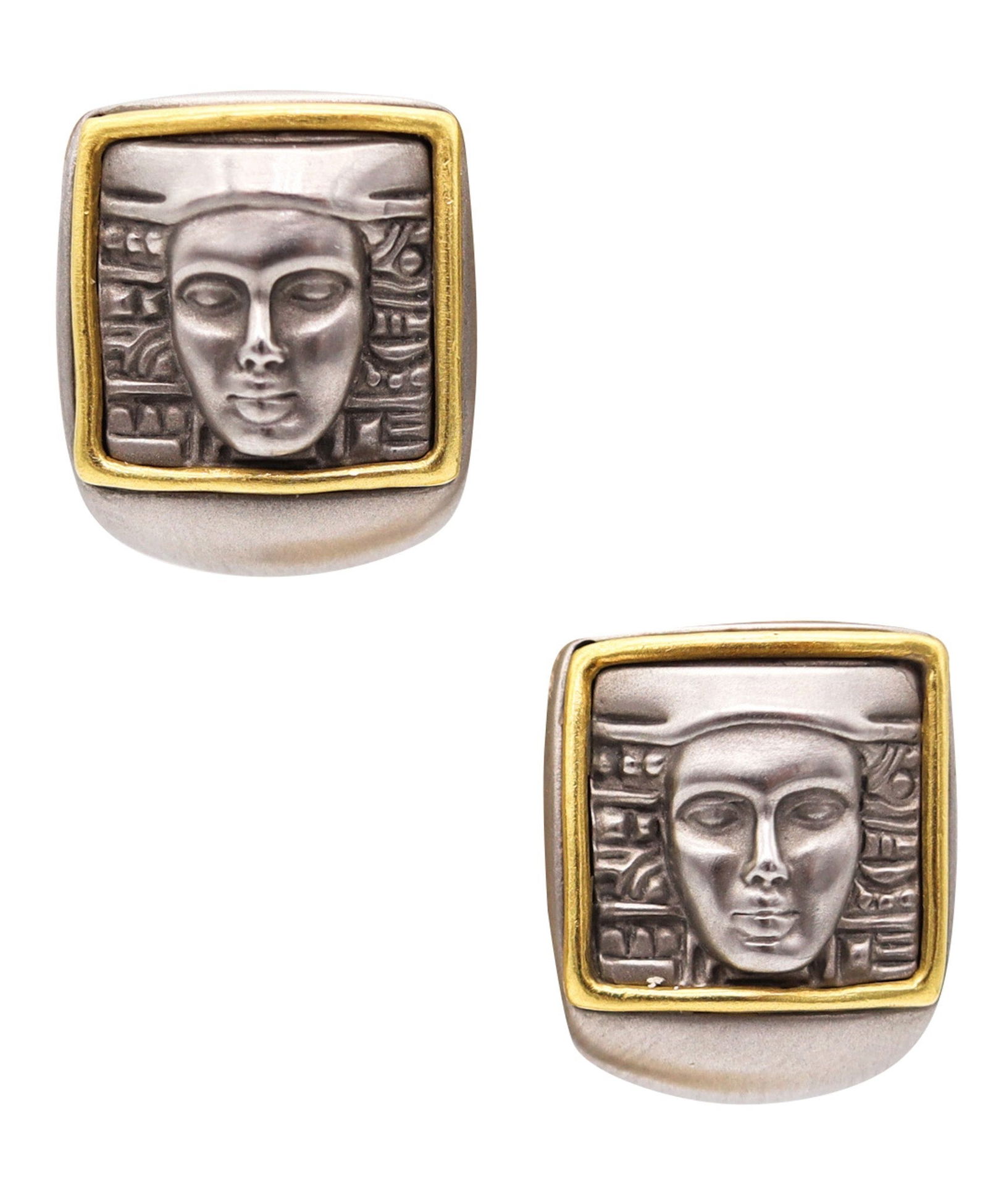 KIESELSTEIN CORD Women Of The World Clips Earrings In Steel And 18Kt Yellow Gold: A wonderful pair of clip-on earrings from the iconic "Women of the World" collection by Kieselstein Cord, created in New York City circa 2000. These striking pieces feature Manhattan Art Deco patterns
