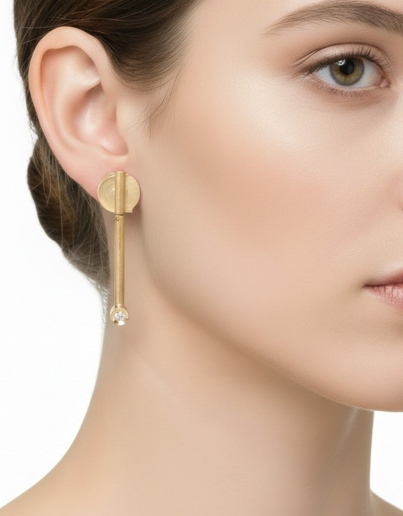 CARLA AMORIM 18kt yellow Gold Earrings with Diamonds: Long drop Earrings crafted in18kt yellow Gold with brushed finish, designed by the recognized Brazilian Jewelry Designed Carla Amorim, set with 2 center Round cut Diamonds of Approx. 0.06 carats. H co