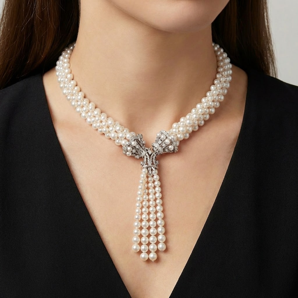 French 18K White Gold Pearl & Diamond Necklace: French 18K white gold necklace featuring two strands of lustrous pearls anchored by an ornate diamond-set clasp, with cascading pearl tassel drops for graceful, elegant movement. Set with 63 diamonds