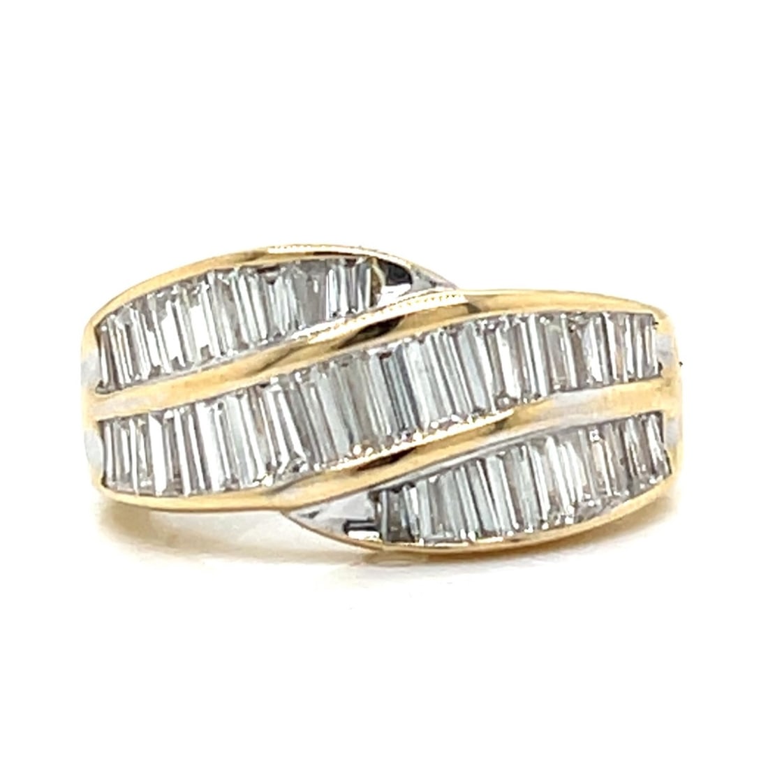 14K Yellow Gold 2.10 Ct. Diamond Anniversary Band: 14K yellow gold anniversary band set with 38 baguette diamonds totaling approx. 2.10 ct (G–H color, VVS–VS clarity), delivering crisp, linear sparkle and warm, continuous brilliance. A refined, ti