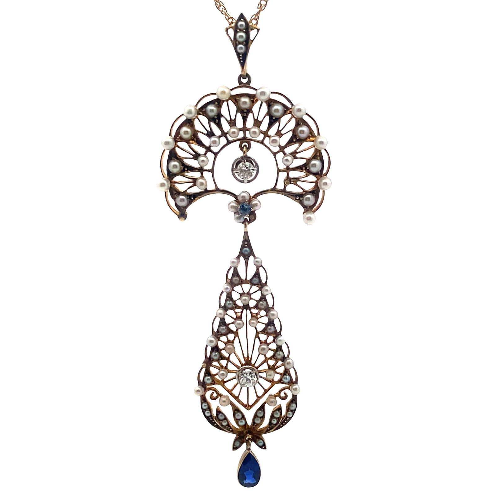 Georgian Filigree 18 kt yellow Gold Pendant with Pearls, Diamond & Sapphire (1 of 5)