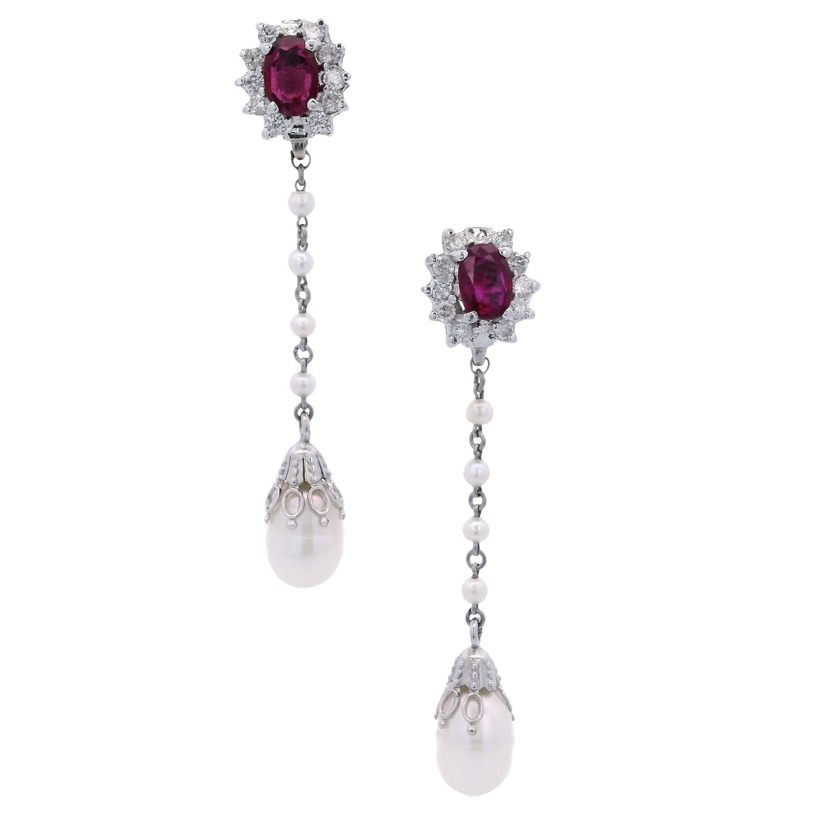 Platinum Hanging Earrings with Diamonds, Rubies, Pearls (1 of 5)